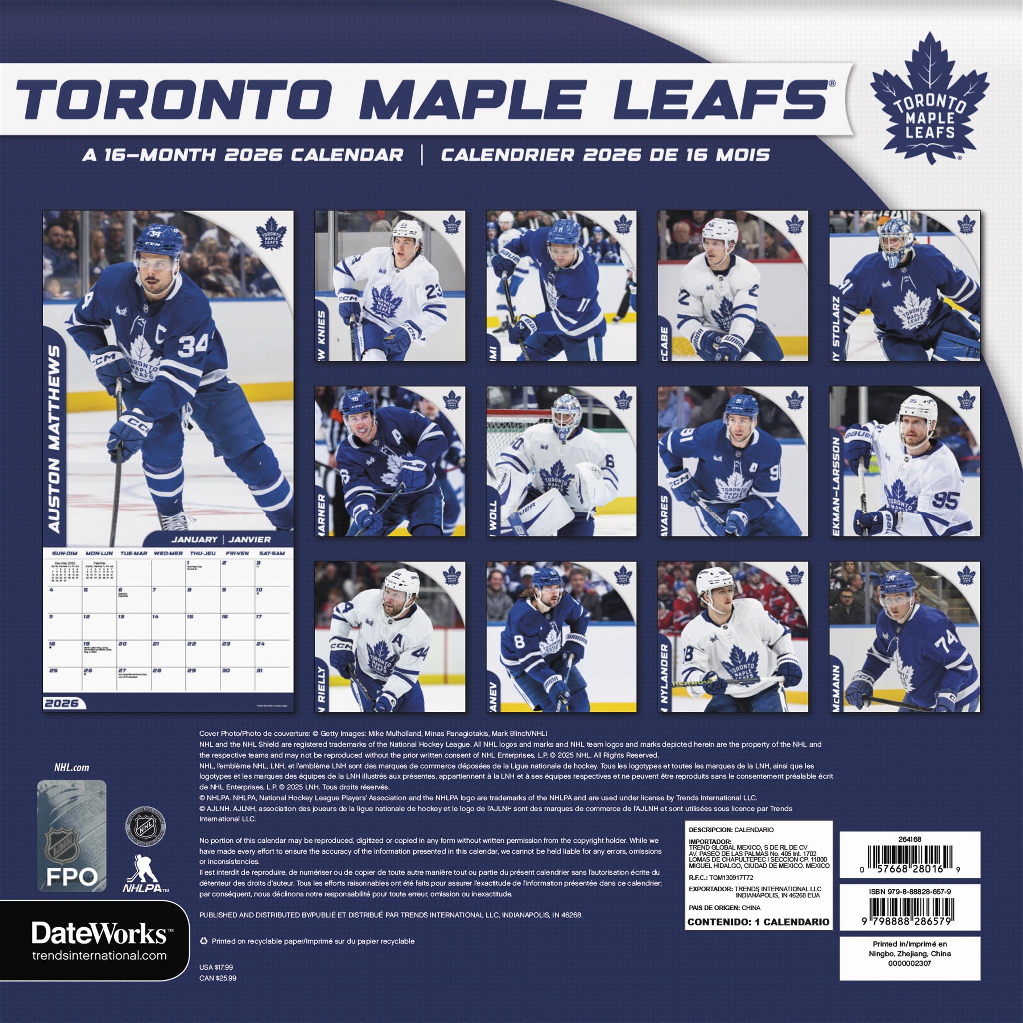 NHL Toronto Maple Leafs Bilingual 2026 Wall Calendar