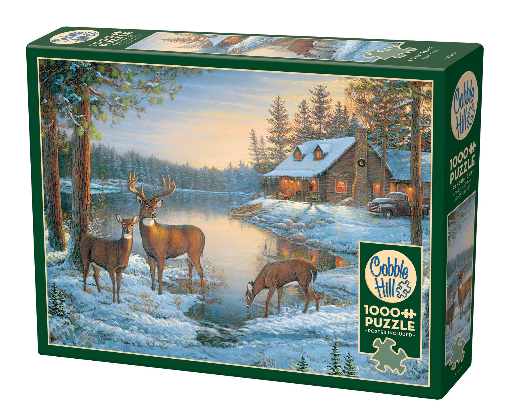 A puzzle box featuring an illustration of a serene winter scene with deer by a frozen lake and a cabin.