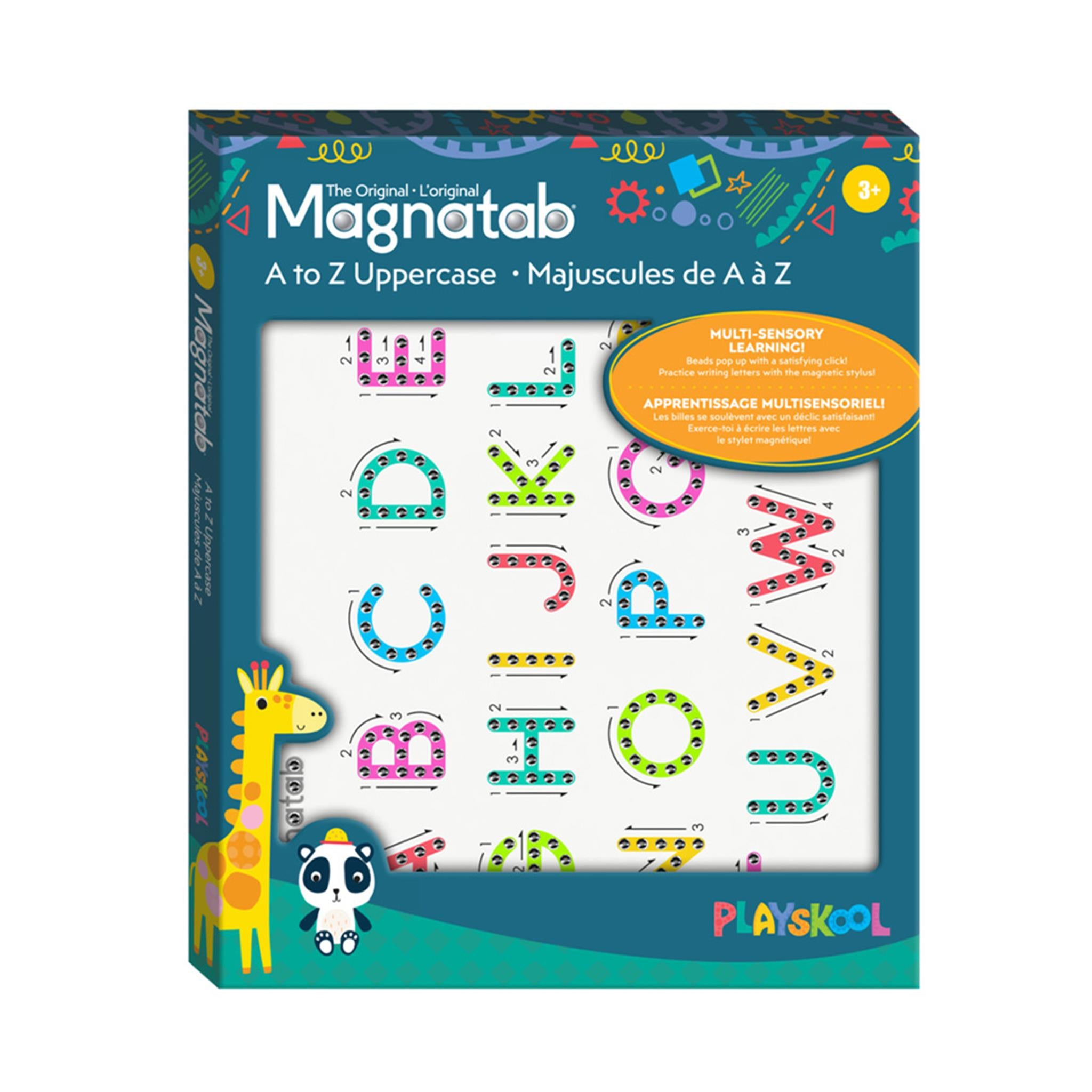 Packaging for 'Magnatab A to Z Uppercase' featuring a colorful board with letters and a giraffe character on the front.