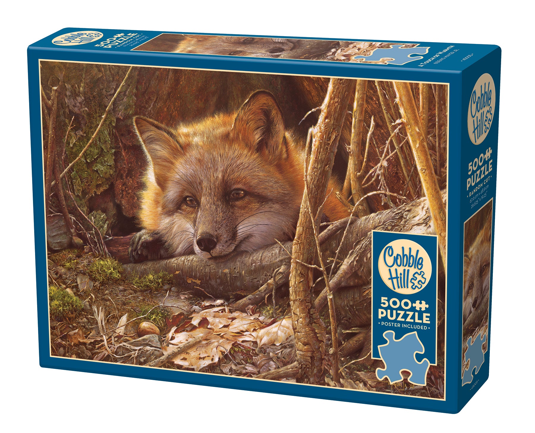 A puzzle box featuring an image of a red fox resting its head on a branch, surrounded by leaves and a blue puzzle piece logo.