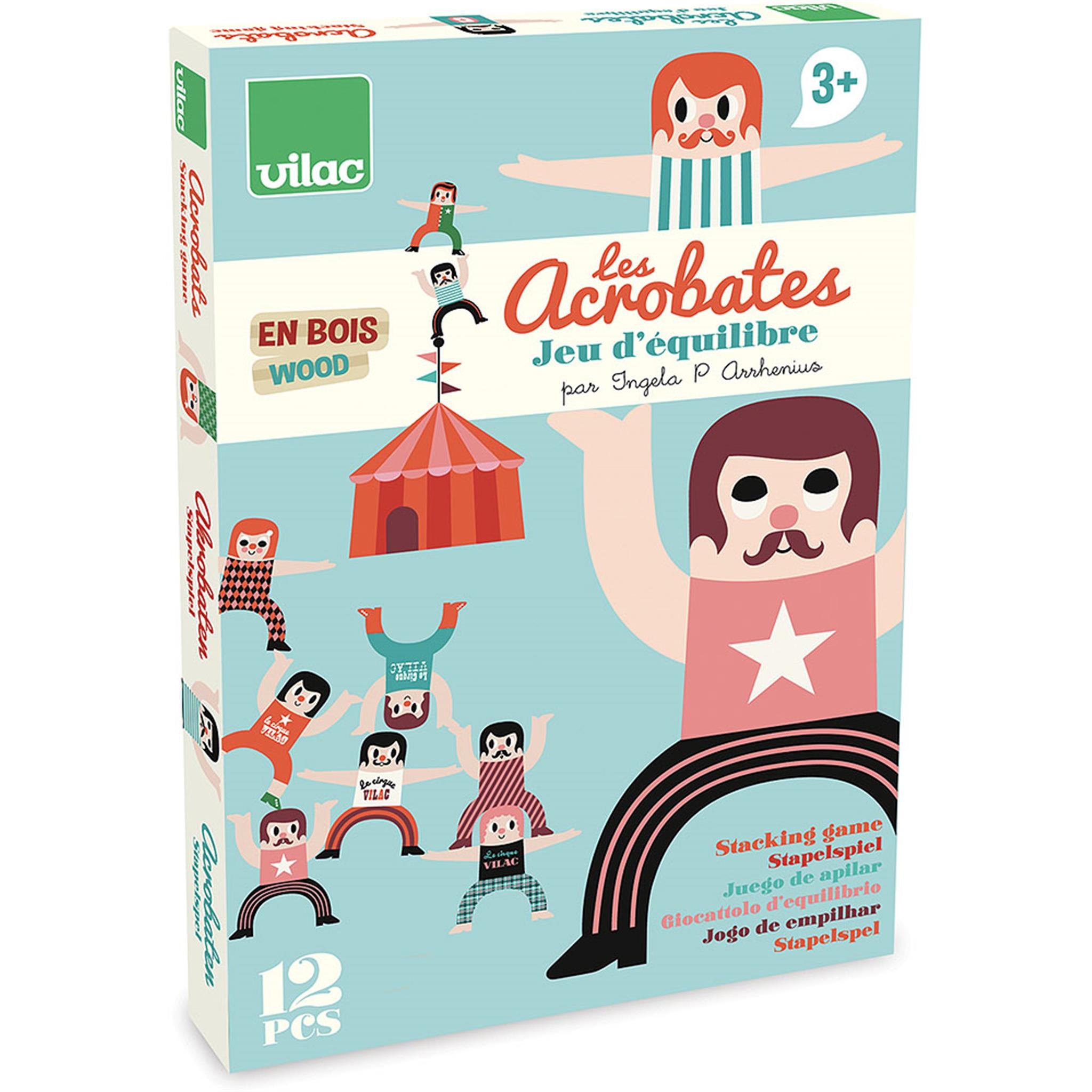 Box of the Acrobats Balancing Game by Vilac with illustrations of wooden acrobat figures and a circus tent.