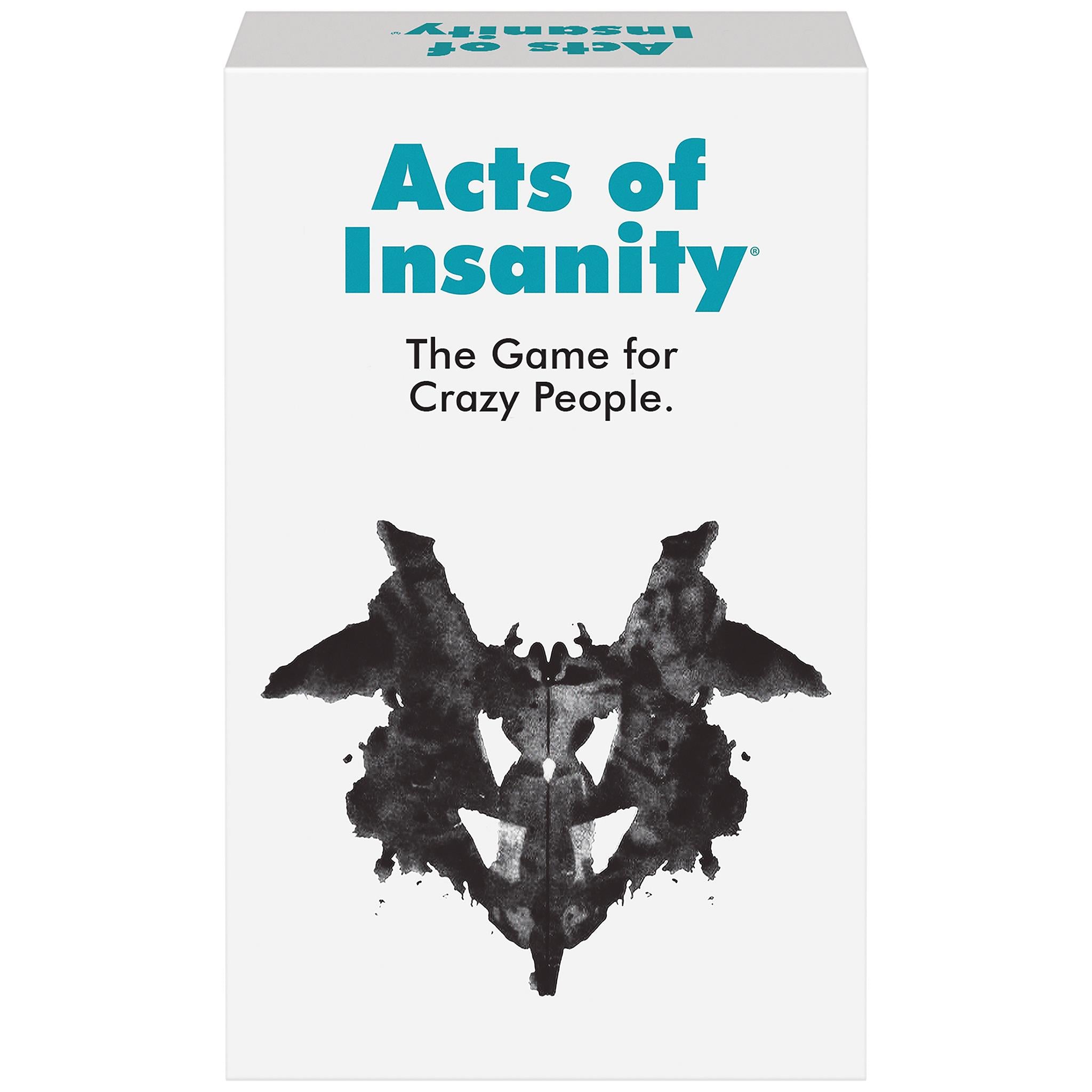 The image displays the product title 'Acts of Insanity' along with the description 'The Game for Crazy People.' It features a graphic of a stylized, abstract face in black and white with ink smudges, giving a playful and humorous vibe, which reflects the adult and risqué nature of the game.