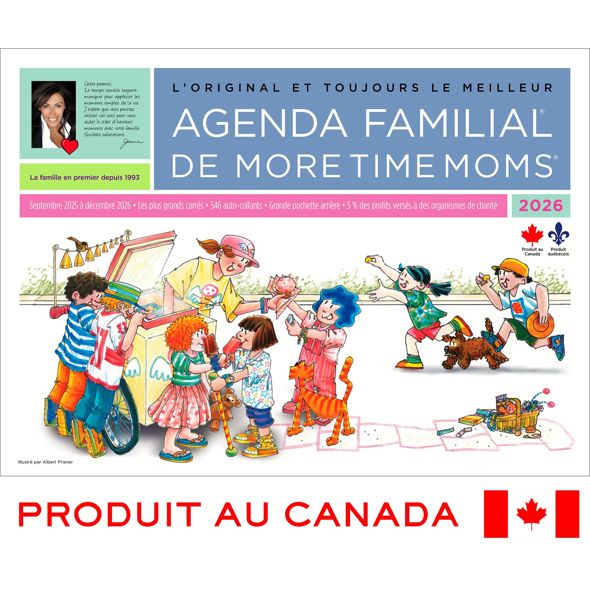 Cover of the 'Agenda Familial de More Time Moms' 2025-2026 wall calendar, featuring a colorful cartoon illustration of a family with pets and a home environment, alongside text and logos indicating the product is made in Canada.