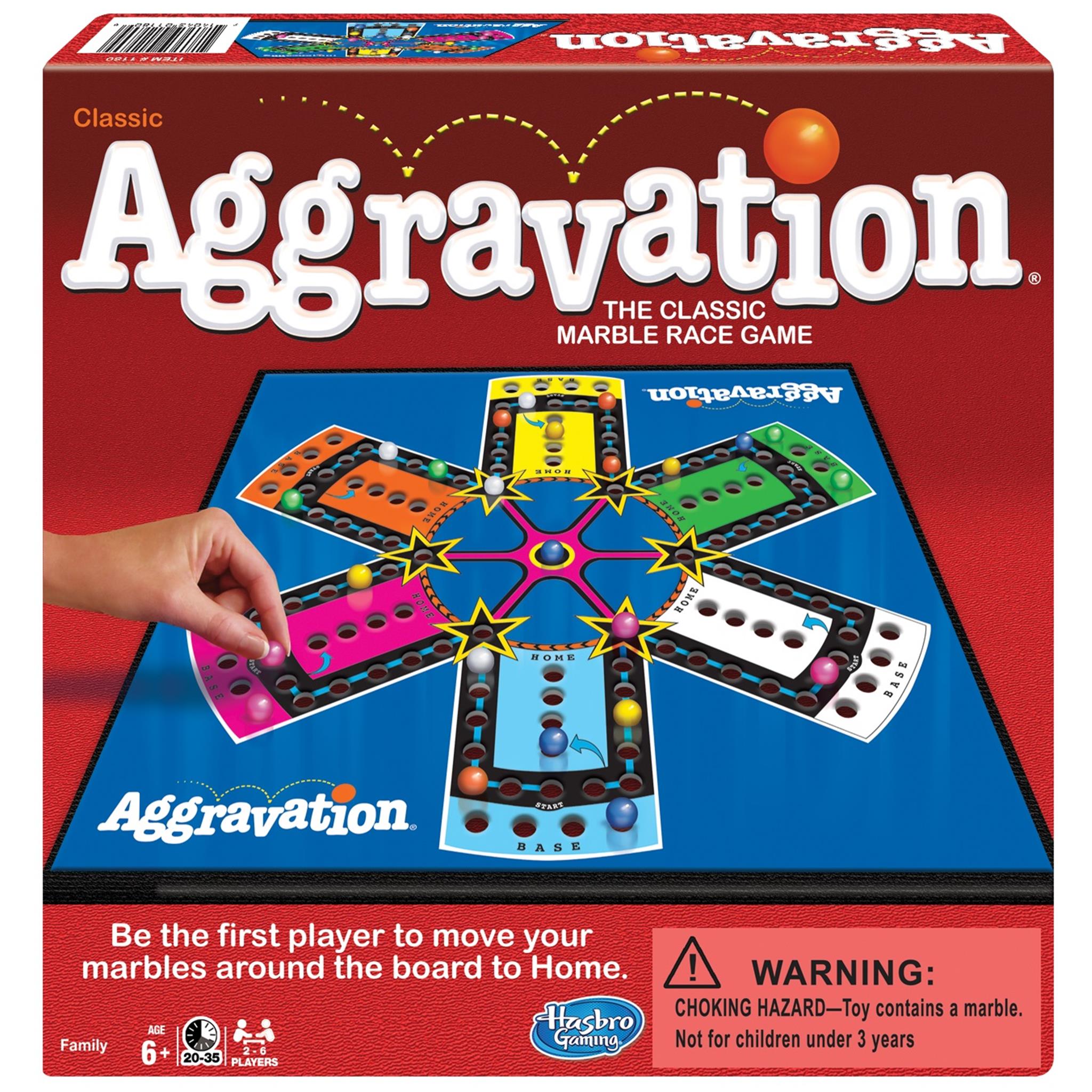 Box cover art for the board game 'Aggravation', featuring the game being played with colorful marbles on a board, with the instruction 'Be the first player to move your marbles around the board to Home.'.