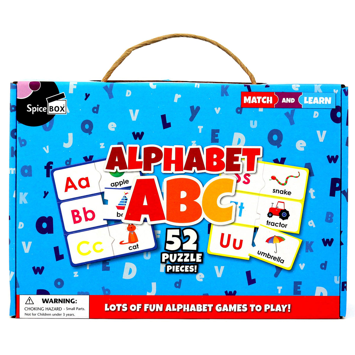 A box of Alphabet ABC educational puzzles featuring matching letters and words, designed for preschoolers, with a blue background and colorful illustrations.