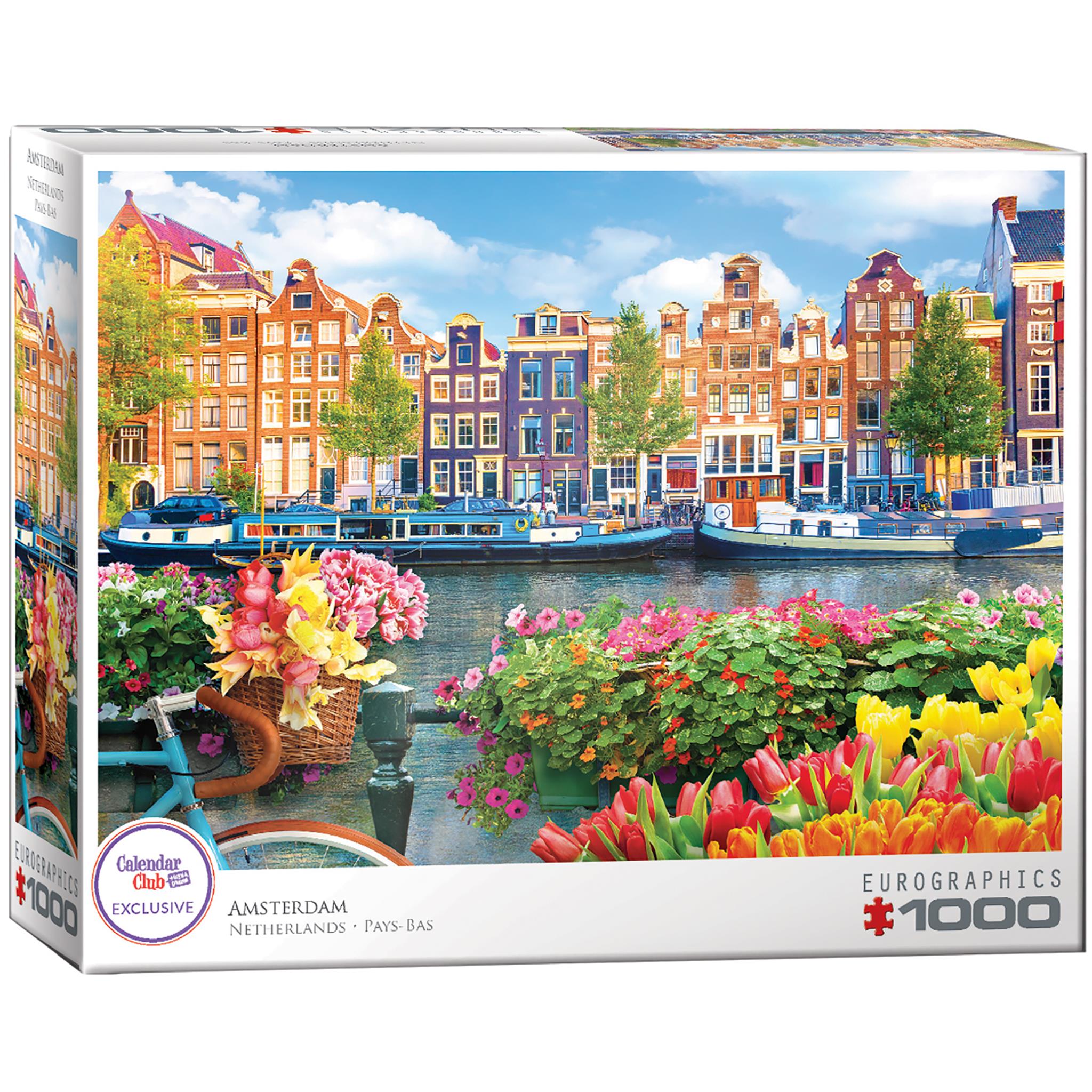 A 1000 piece jigsaw puzzle depicting a vibrant scene from Amsterdam, Netherlands with colorful buildings and flowers along a canal.