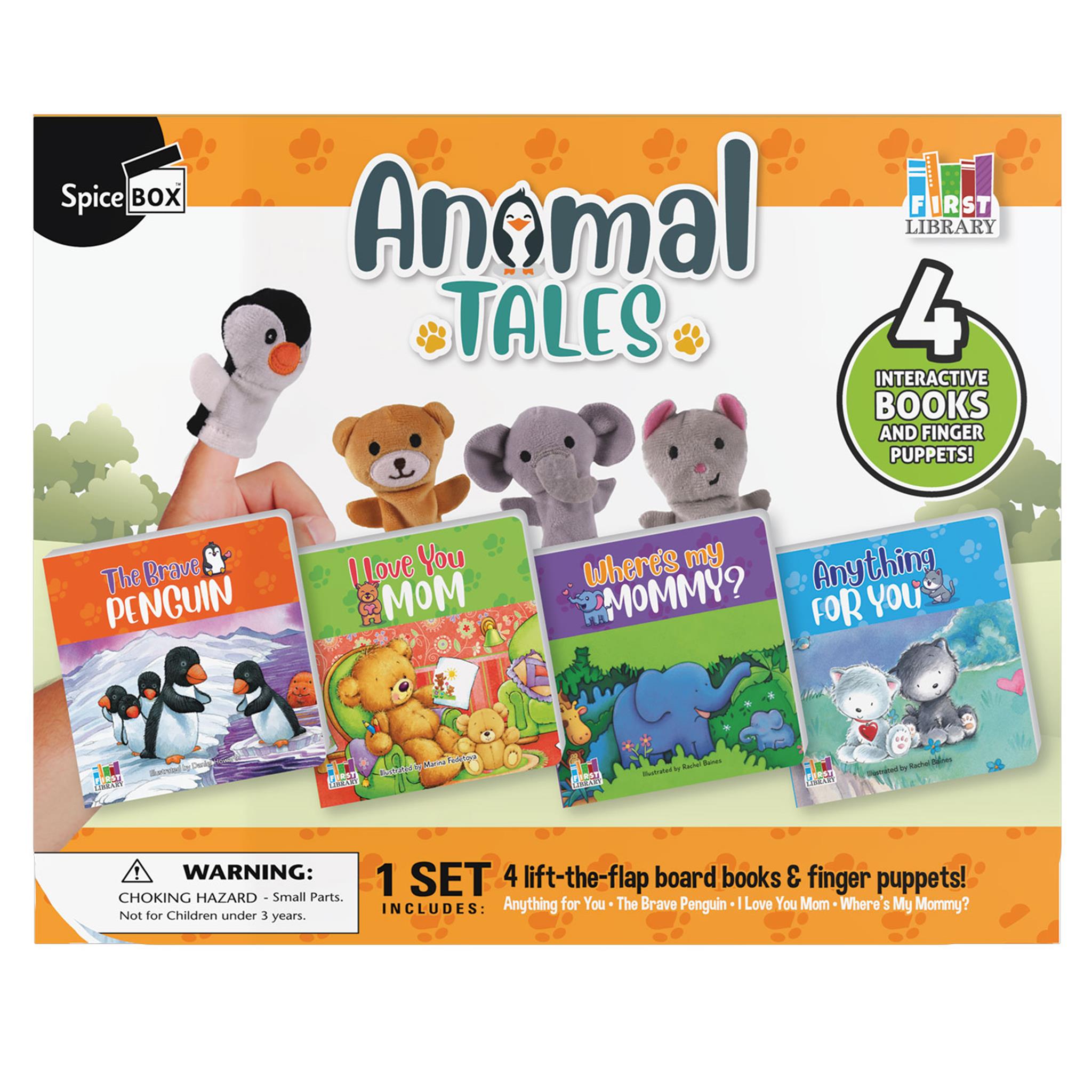 Packaging for Animal Tales book and finger puppet playset, displaying four books with animal characters on the covers and corresponding finger puppets.