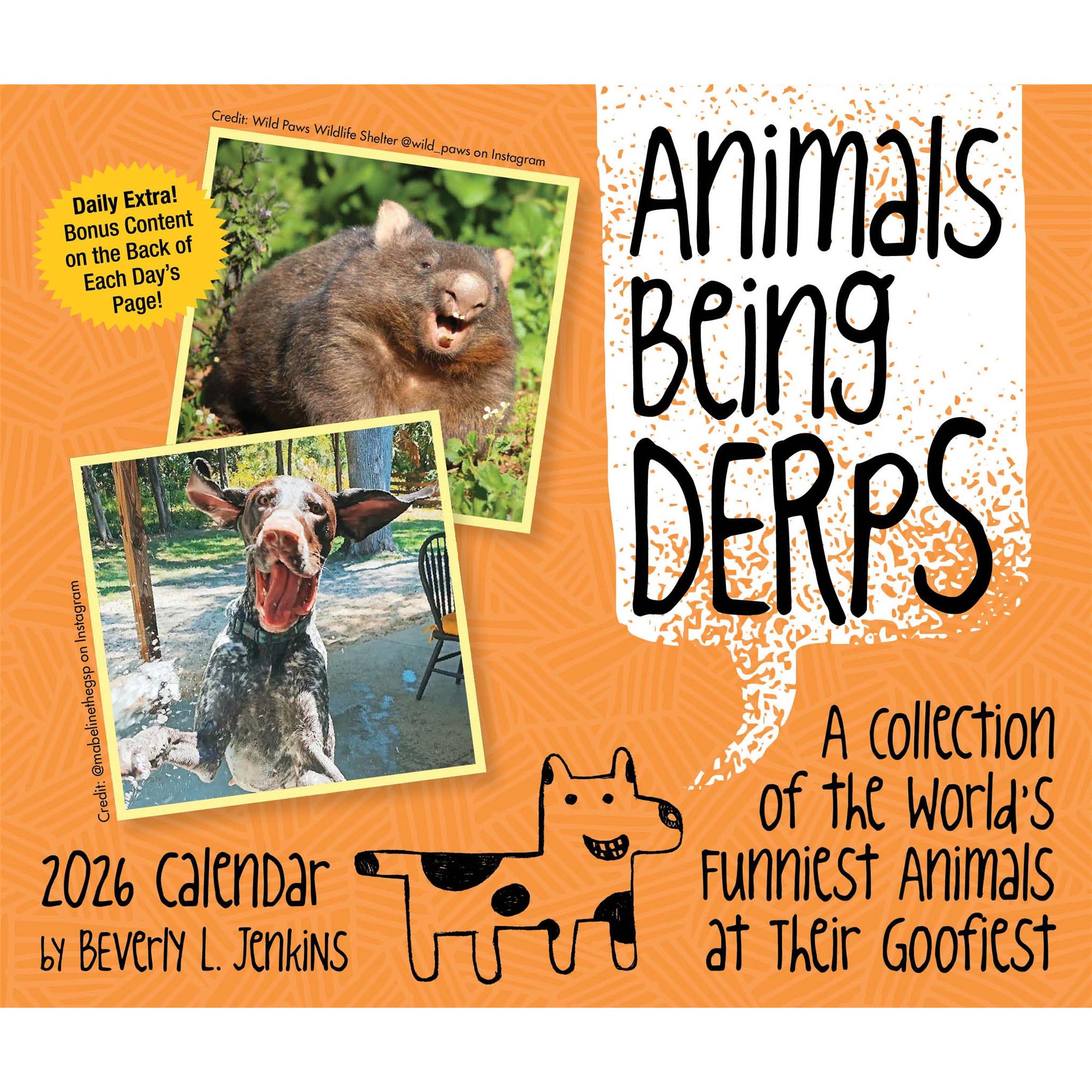 Cover of the 'Animals Being Derps 2026 Calendar' featuring a collage of humorous animal photos with comedic captions, and the title text.