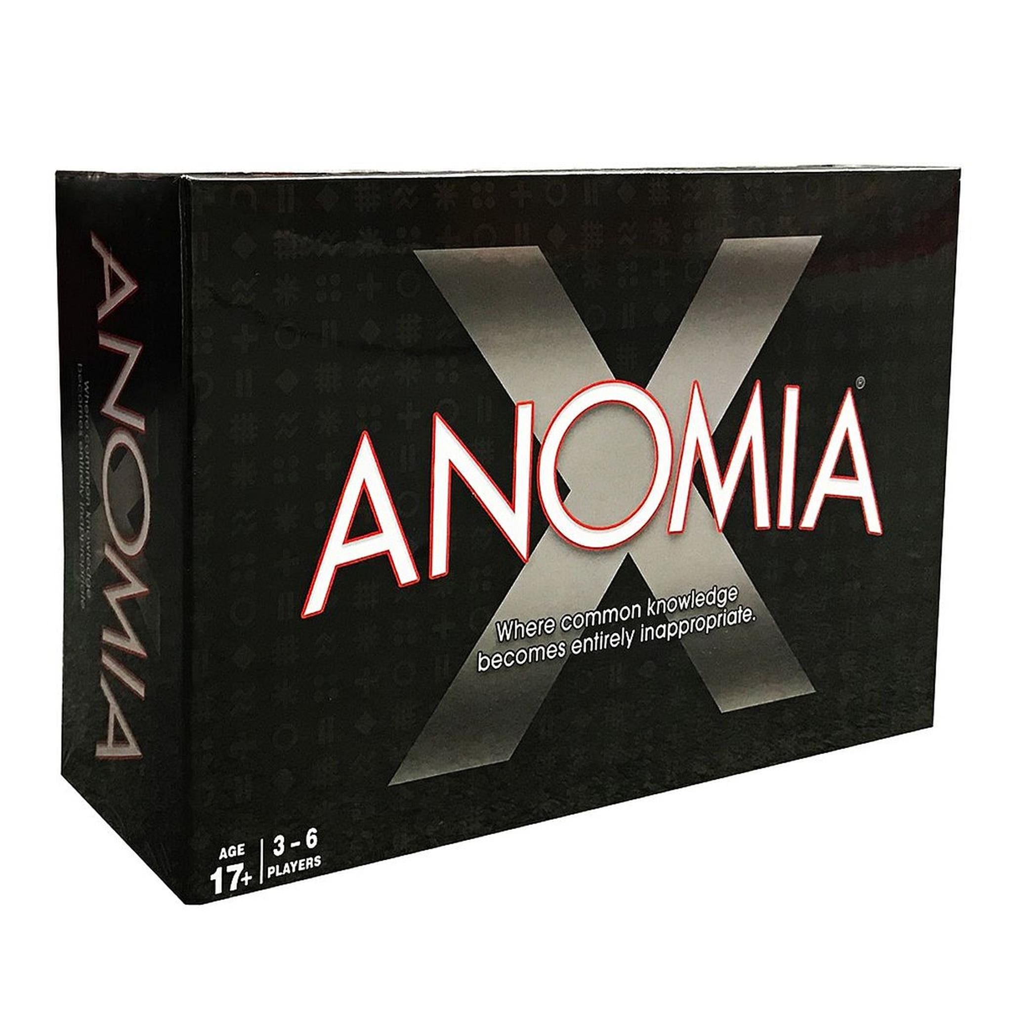 The image shows the packaging for the card game Anomia X. The box is primarily black with the game name prominently displayed in white and red lettering.