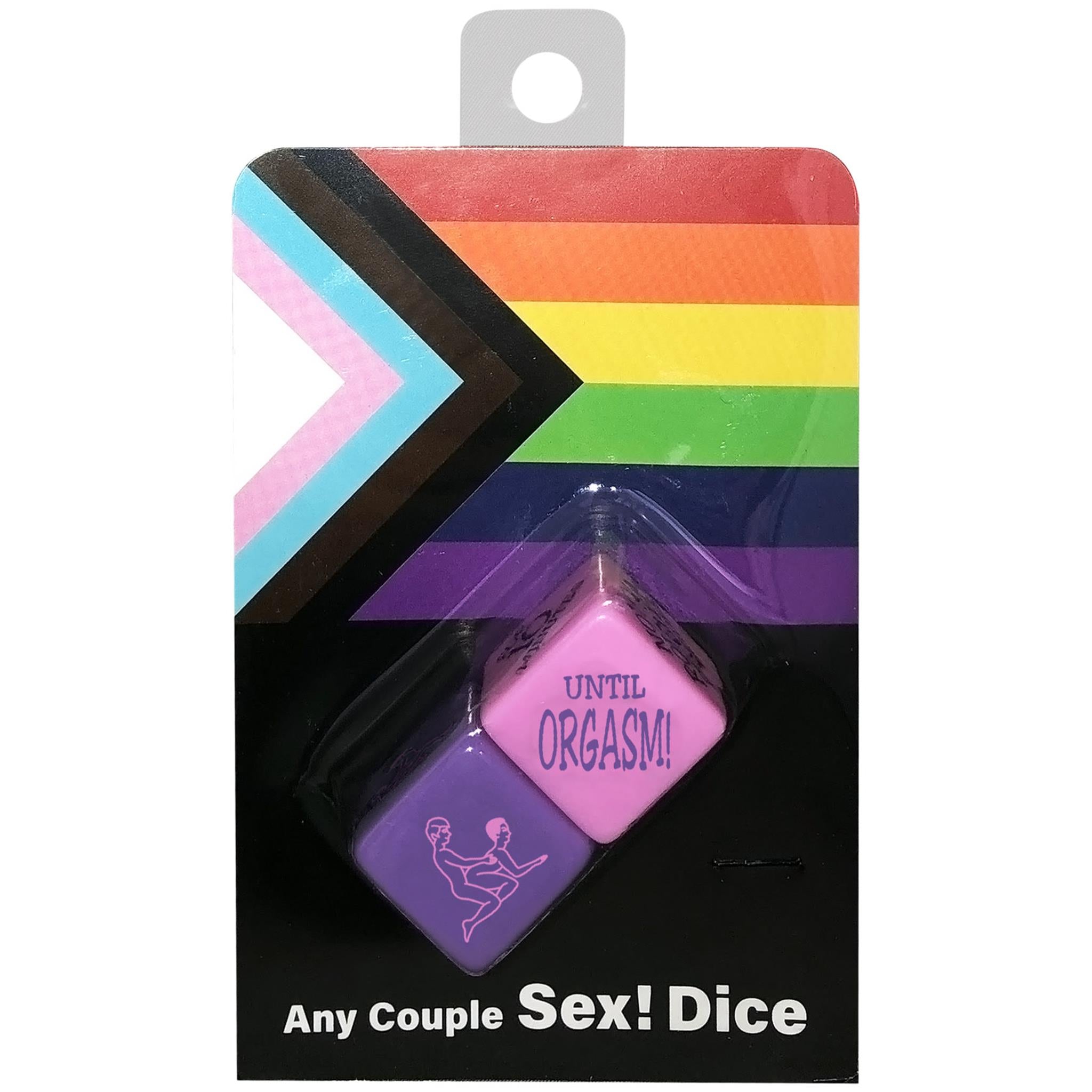 The product image shows a dice game packaged in a card with a colorful striped background. The visible dice are purple and pink, with the pink one showing the text ' Until Orgasm ' and an illustration of a couple.