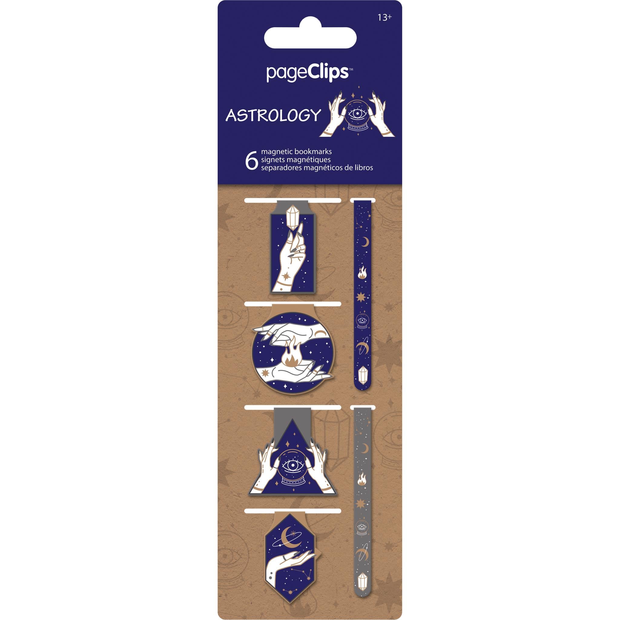 A package of six magnetic page clips with astrology-themed designs, including various celestial bodies and figures.