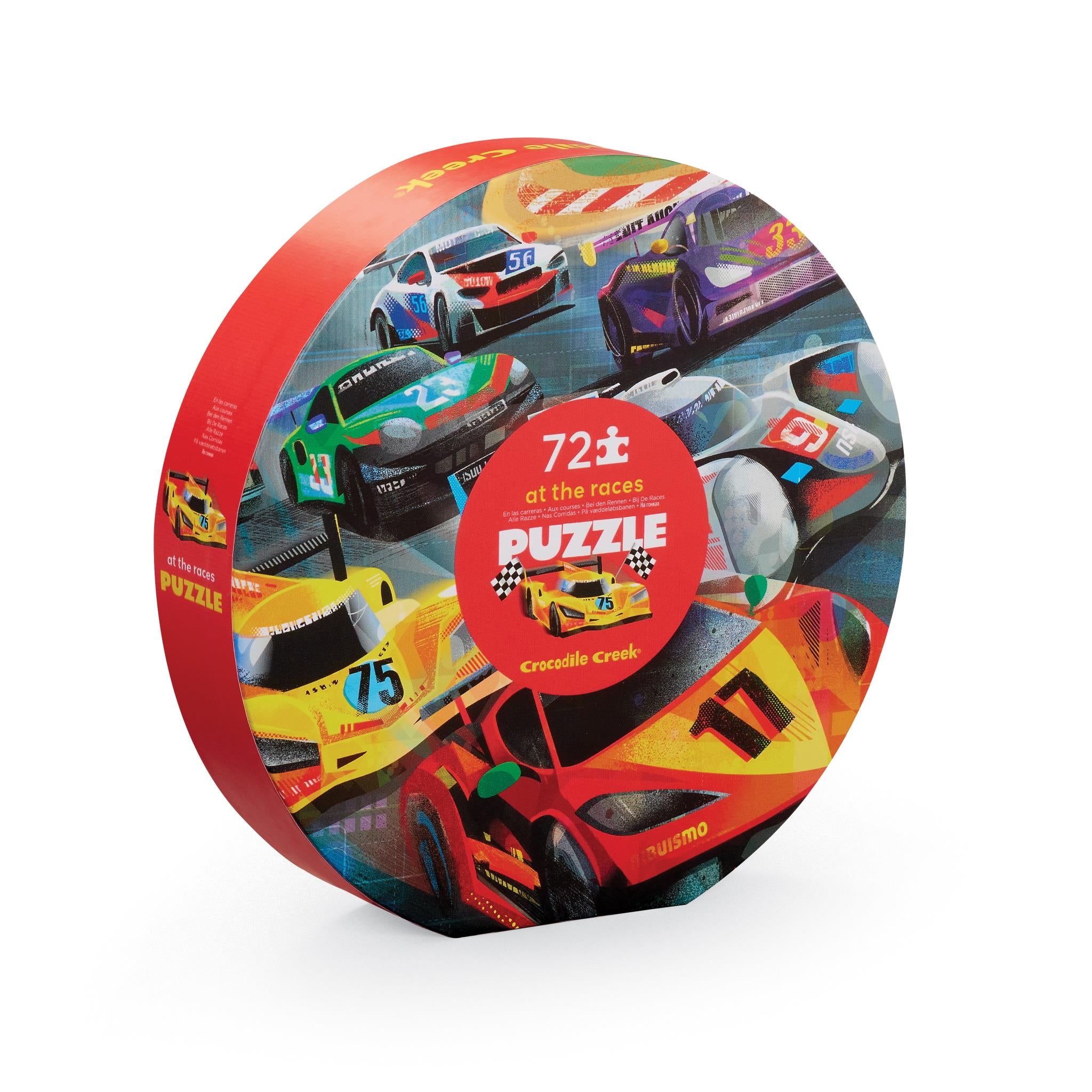 A round, 72-piece puzzle box featuring colorful race car illustrations.