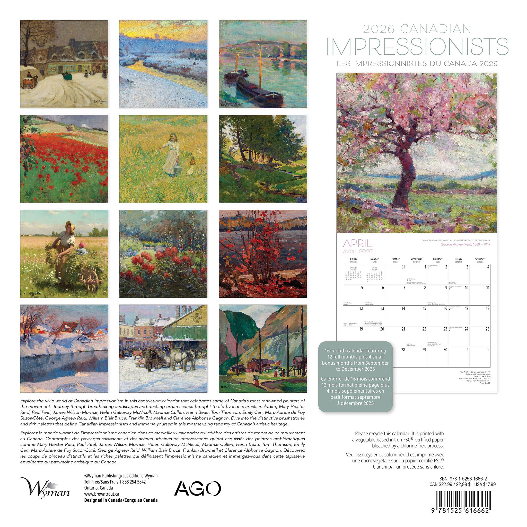 Canadian Impressionists AGO Bilingual 2026 Wall Calendar