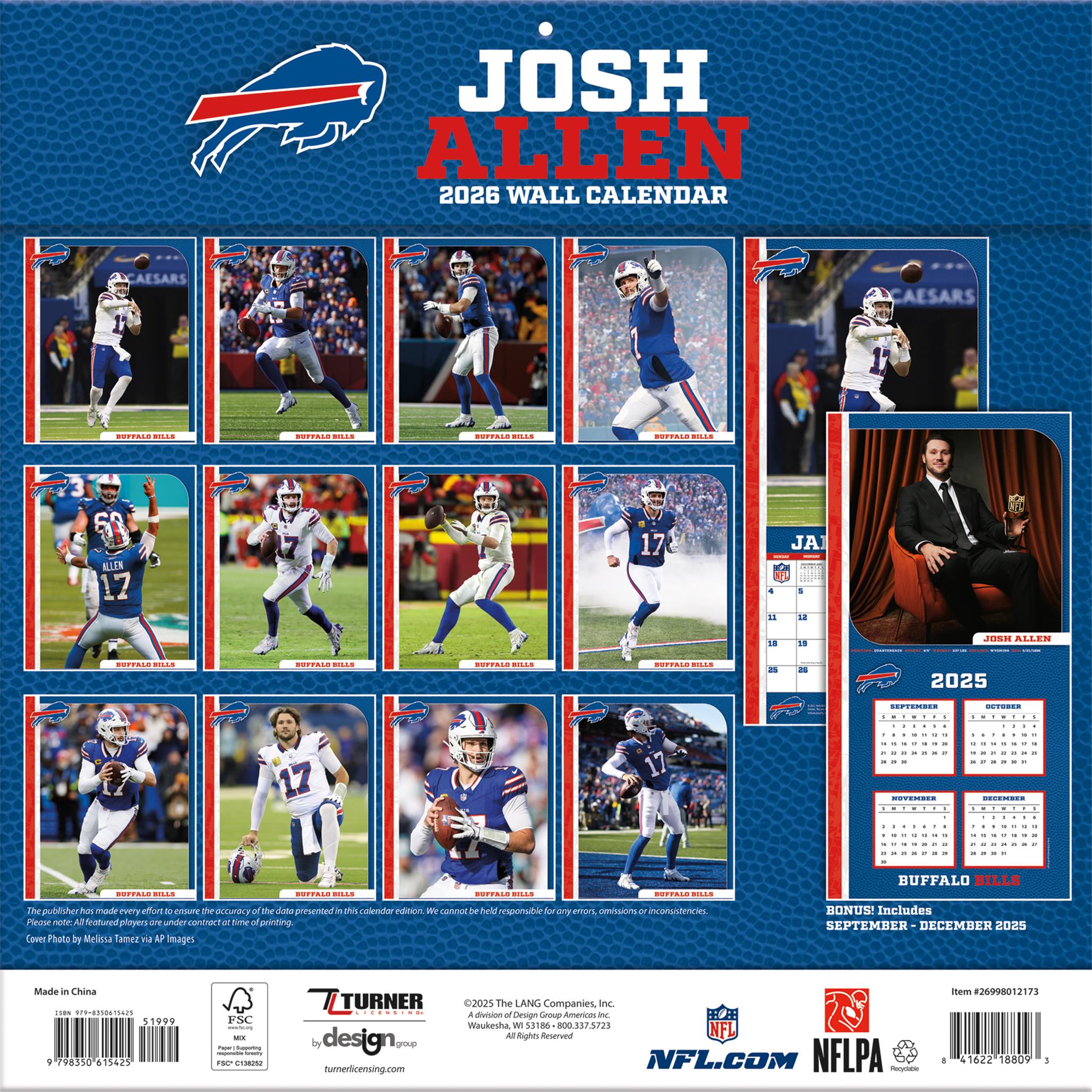 NFL Buffalo Bills Josh Allen 2026 Wall Calendar