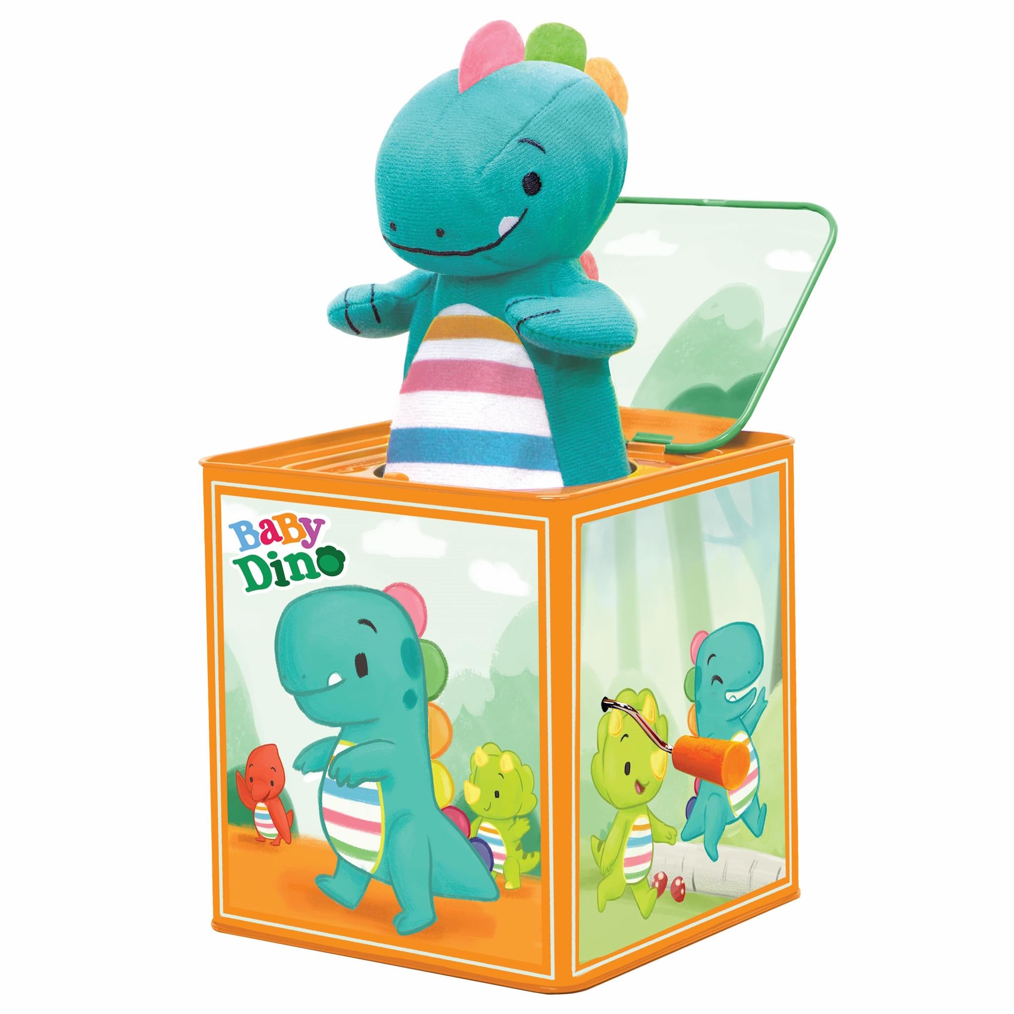 A colorful Baby Dino Jack in the Box toy with a plush T-Rex in a orange box with illustrations of dinosaurs.