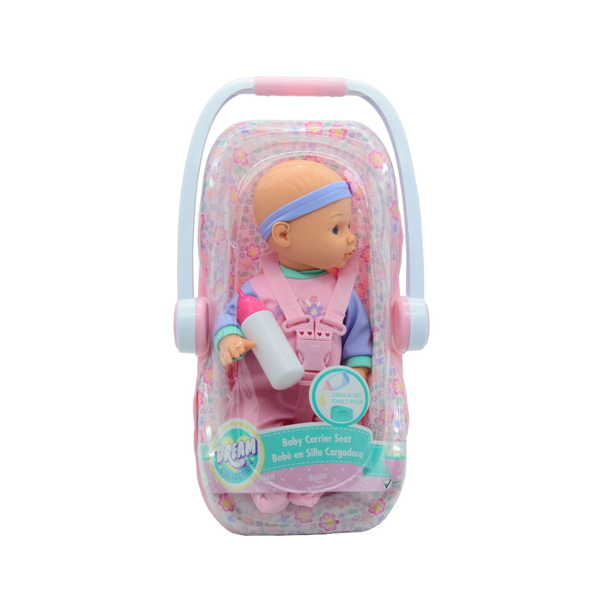 A doll packaged in a plastic carrier seat with a pink and white color scheme, including a baby doll with a pink outfit and a blue headband.