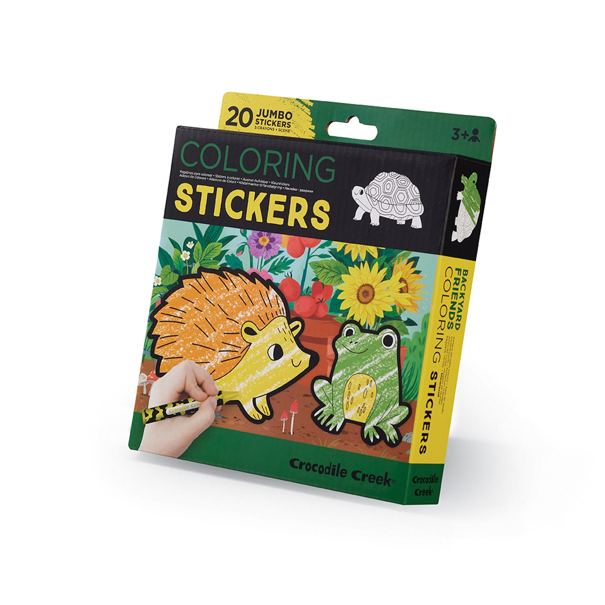 Packaging of 'Backyard Friends Coloring Stickers' by Crocodile Creek featuring illustrations of a hedgehog, snail, and frog, with a child coloring a sticker.