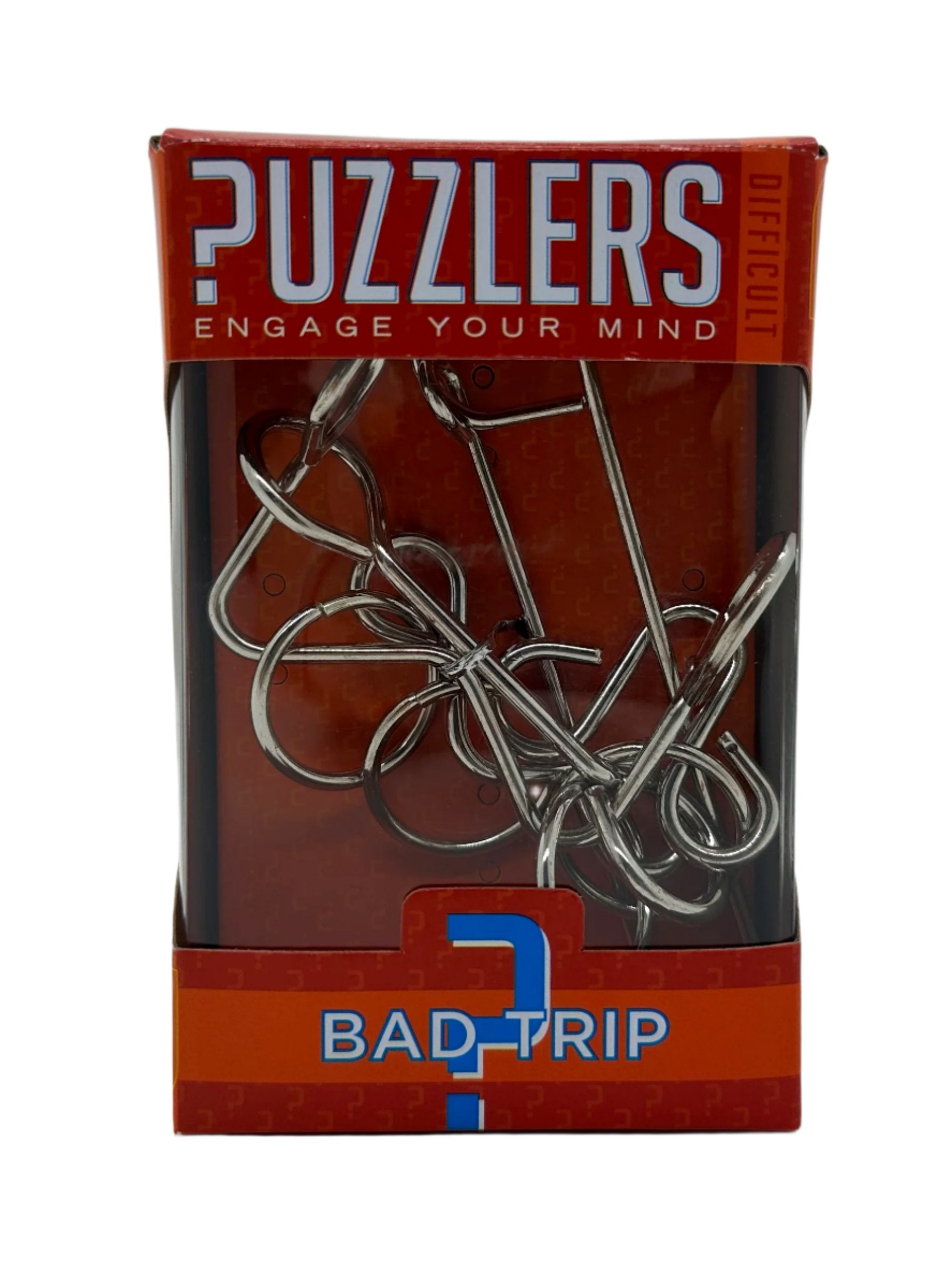 Packaging for 'Bad Trip' metal puzzle game by Go! Games, featuring the puzzle itself in a red and black box with the text 'Puzzlers' and 'Engage Your Mind'.