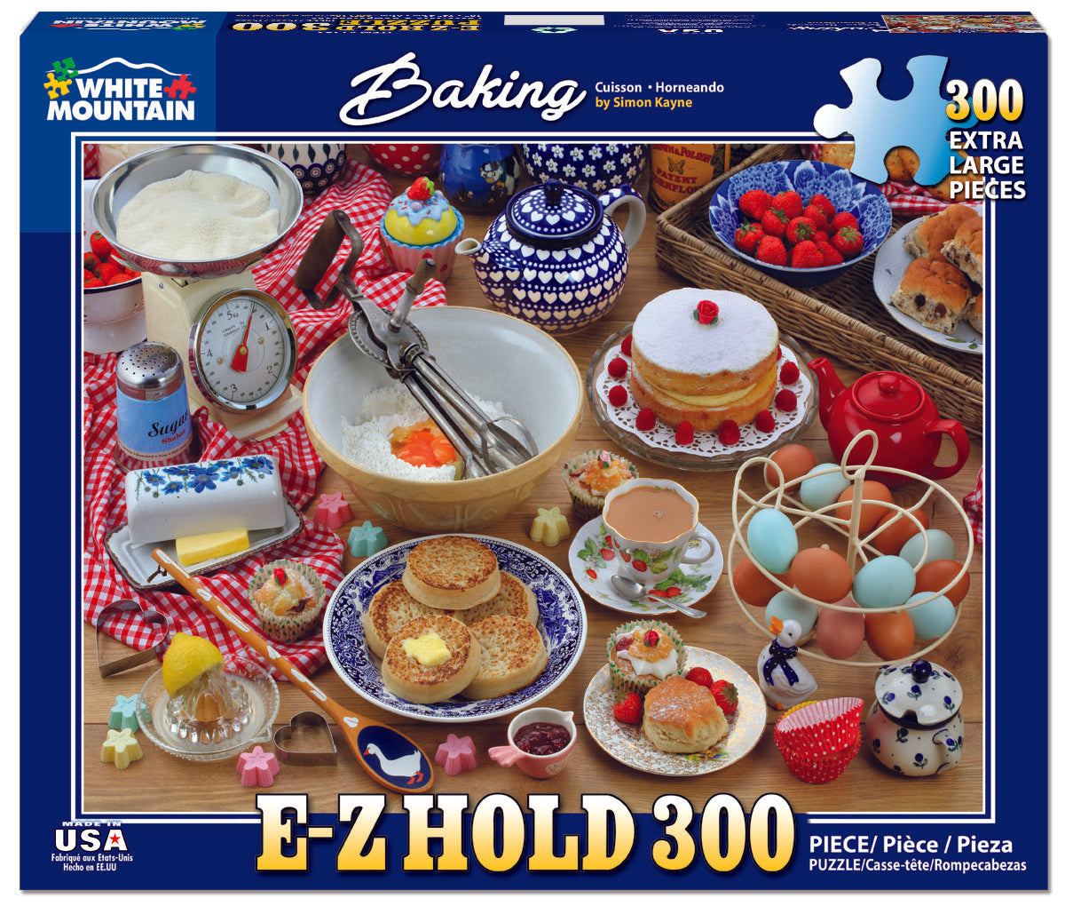 A 300-piece jigsaw puzzle depicting a baking theme with various kitchen utensils and ingredients like eggs, flour, and cakes arranged on a table.