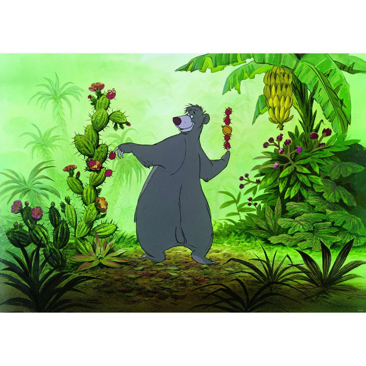 A 1000-piece jigsaw puzzle depicting the character Baloo from Disney's The Jungle Book, standing in a lush jungle setting with greenery and a cactus.