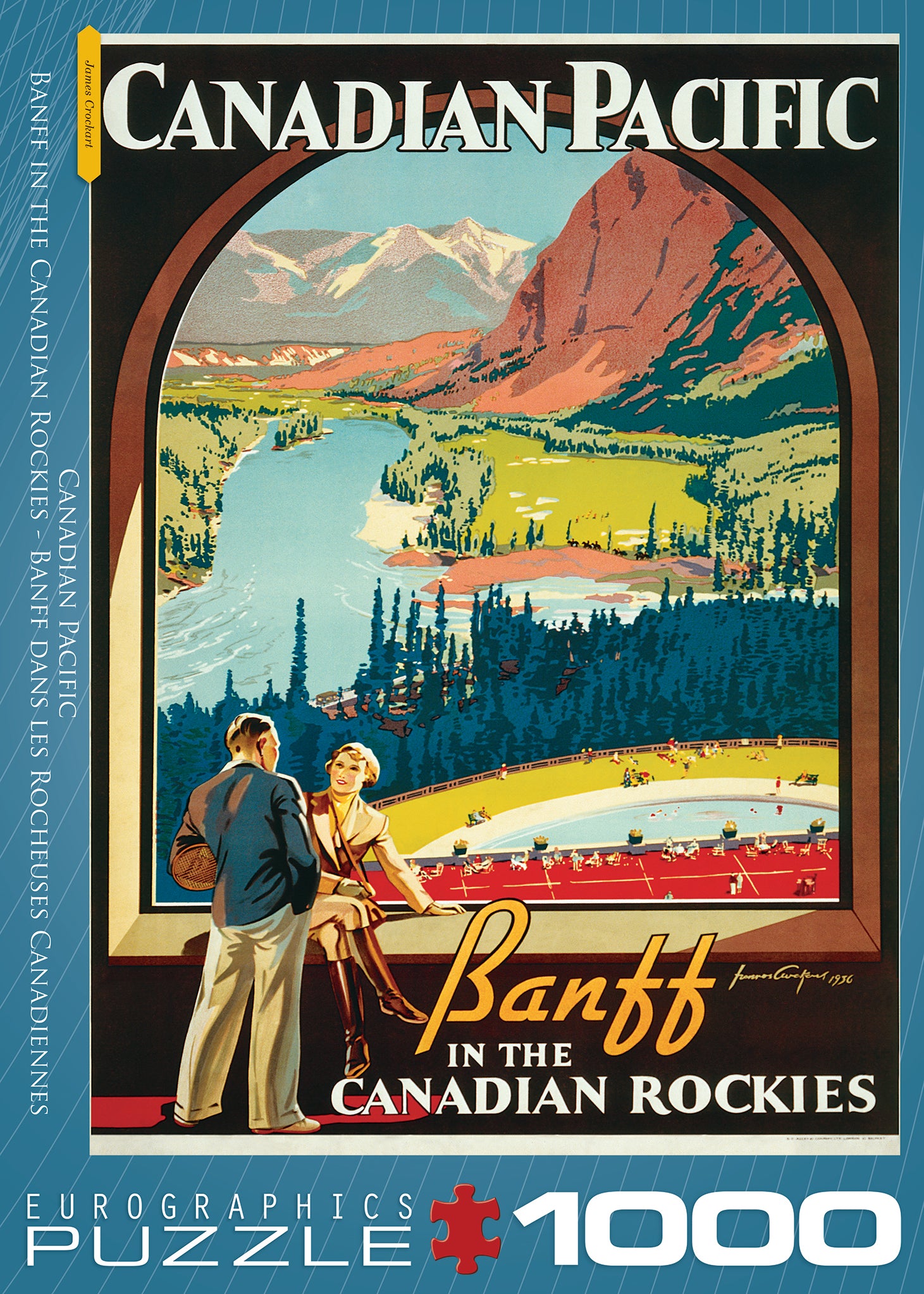 A 1000-piece jigsaw puzzle box featuring a vintage style illustration of Banff in the Canadian Rockies with the Canadian Pacific Rail logo.