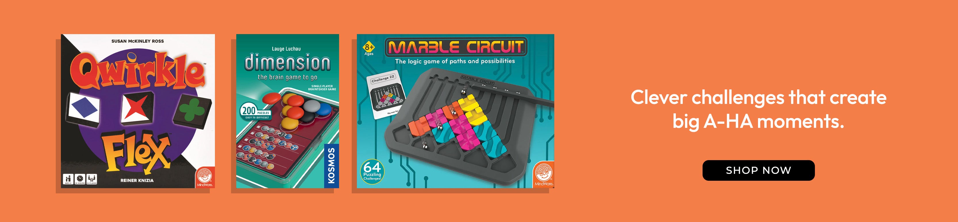 Three board game boxes with colorful designs on an orange background, featuring text about clever challenges.