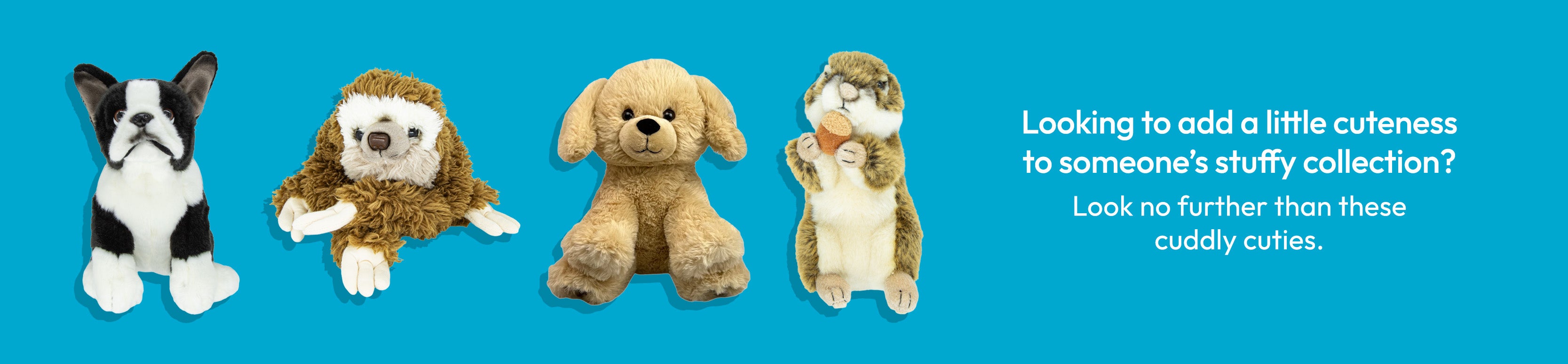 Four stuffed animals on a blue background with promotional text.
