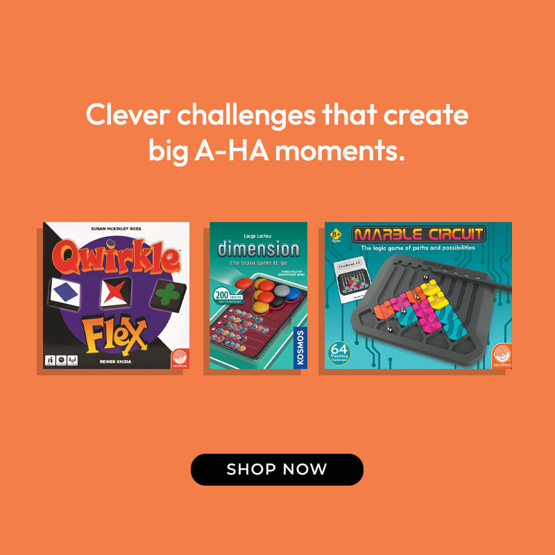 Three educational games on an orange background with text and a 'Shop Now' button.