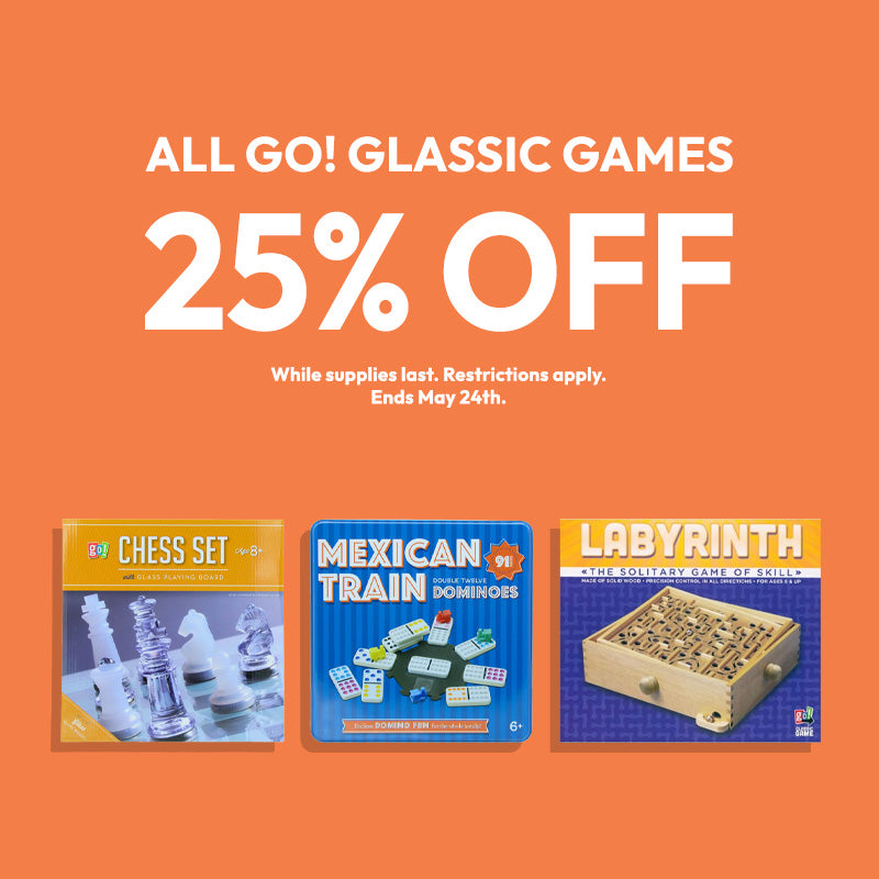 Promotional graphic for 'All Go! Classic Games' with chess set, Mexican Train Dominoes, and Labyrinth on an orange background.