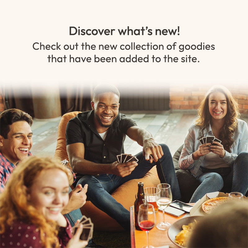 Group of friends playing cards together with promotional text overlay.