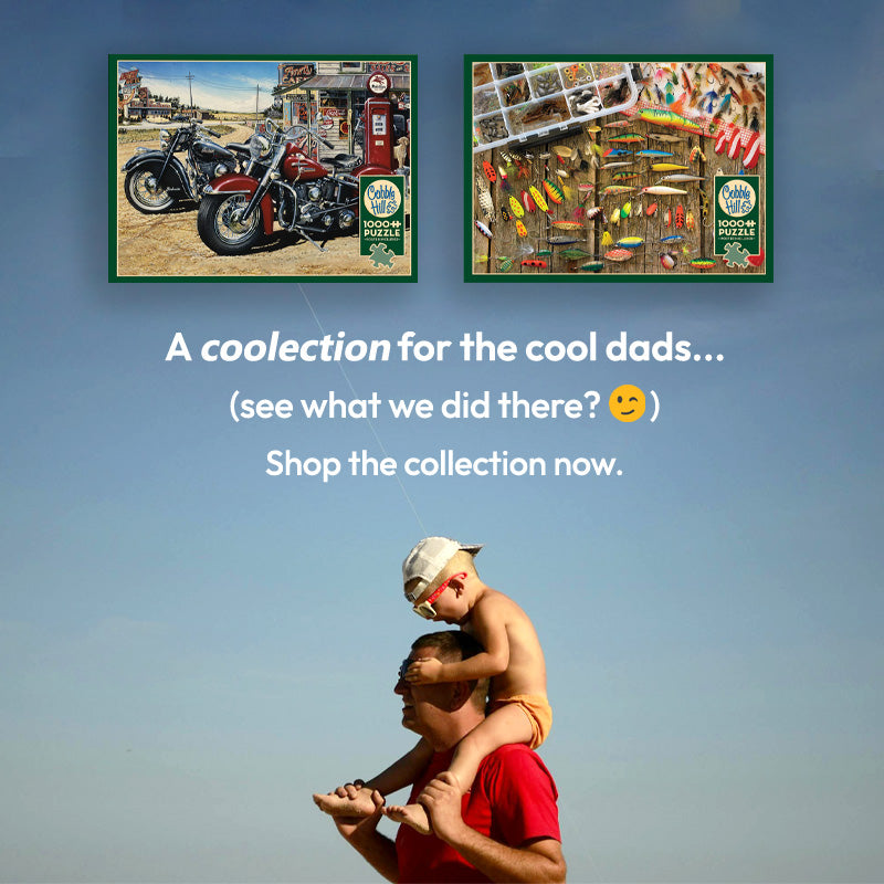 Two puzzle images with a motorcycle and garage scene, featuring text promoting a collection for cool dads.