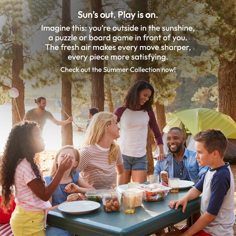 A groups of family and friends enjoying a picnic in a park with text about the Summer Collection of games, toys and puzzles.