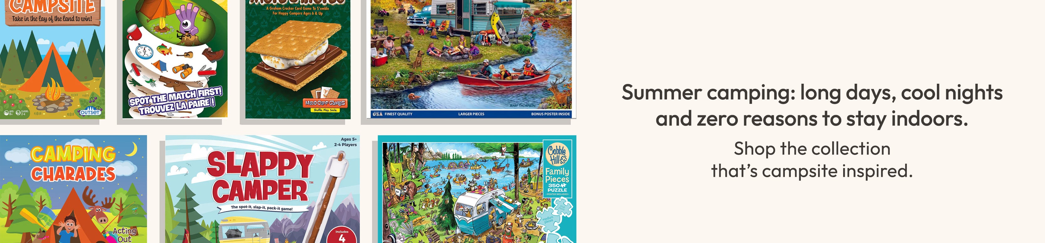 Collection of camping-themed games and puzzles with colorful covers and text about summer camping.