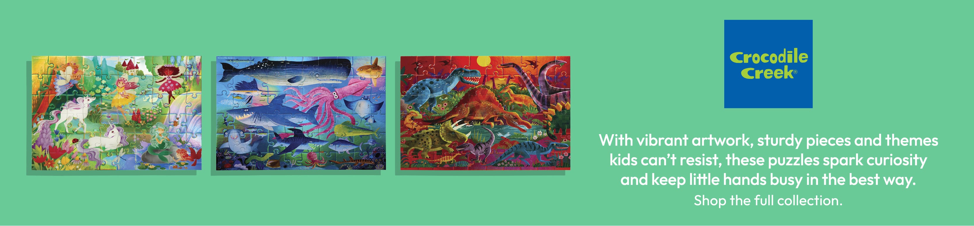 Three colorful children's puzzles with animal illustrations on a green background, featuring the Crocodile Creek brand.
