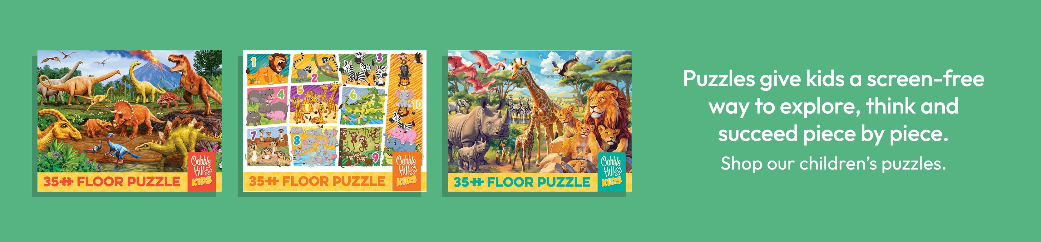 Three children's floor puzzles on a green background with promotional text.