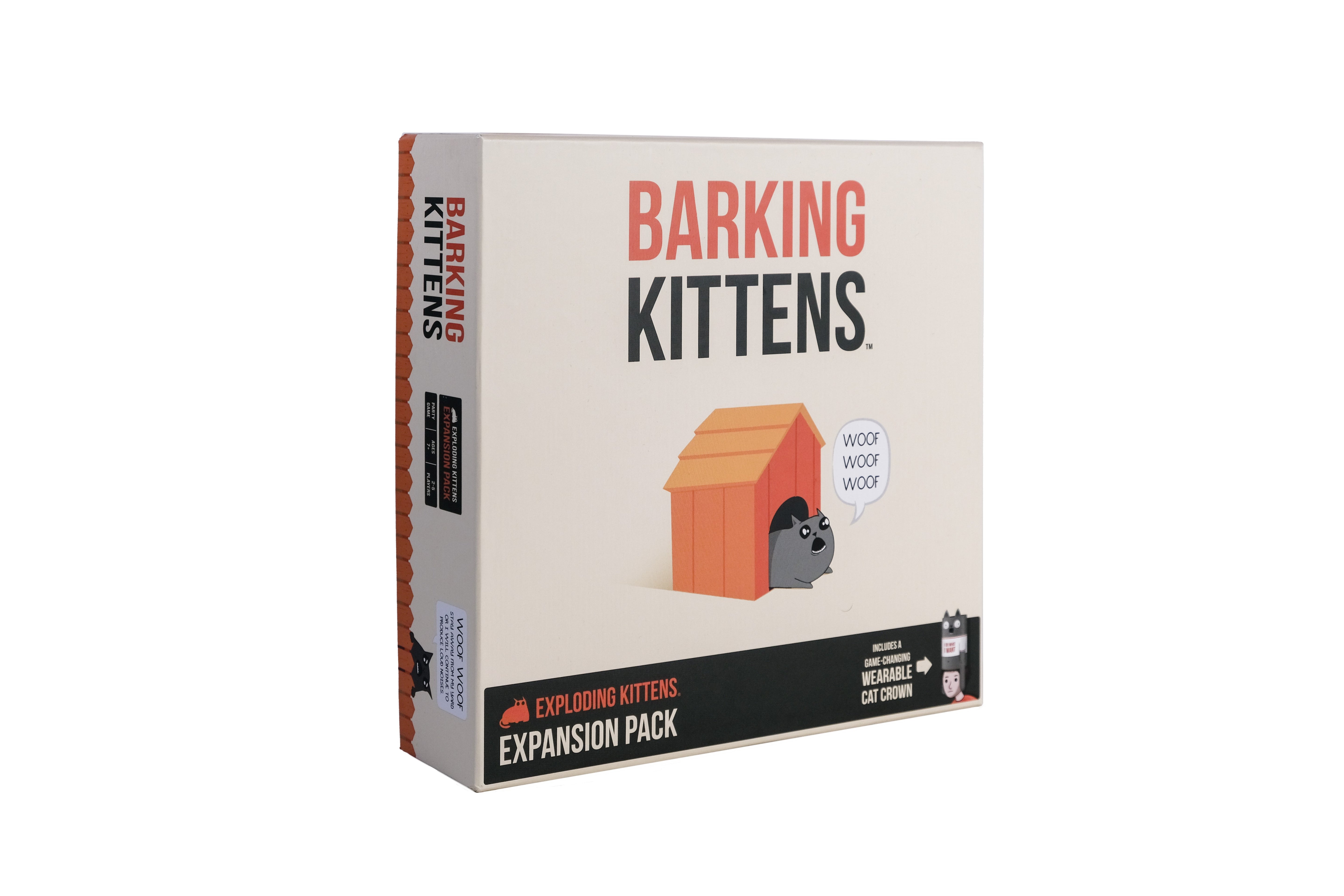 A box of the Barking Kittens Expansion Pack for the card game Exploding Kittens, featuring an illustration of a cardboard box with a dog house on it and the text 'BARKING KITTENS EXPANSION PACK'.
