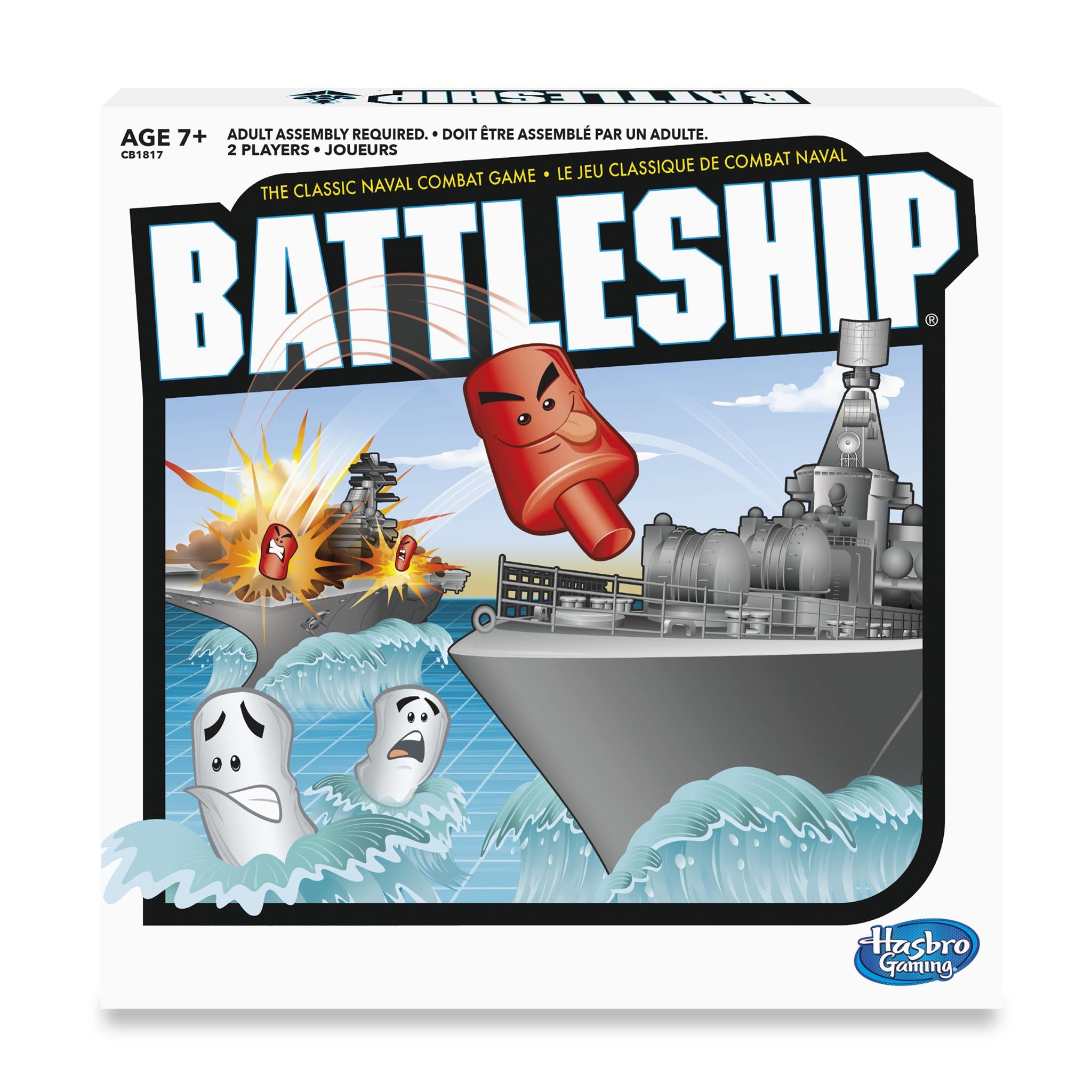 The image shows the cover of the Battleship Board Game featuring cartoon-style illustrations of ships and an explosion in the background.