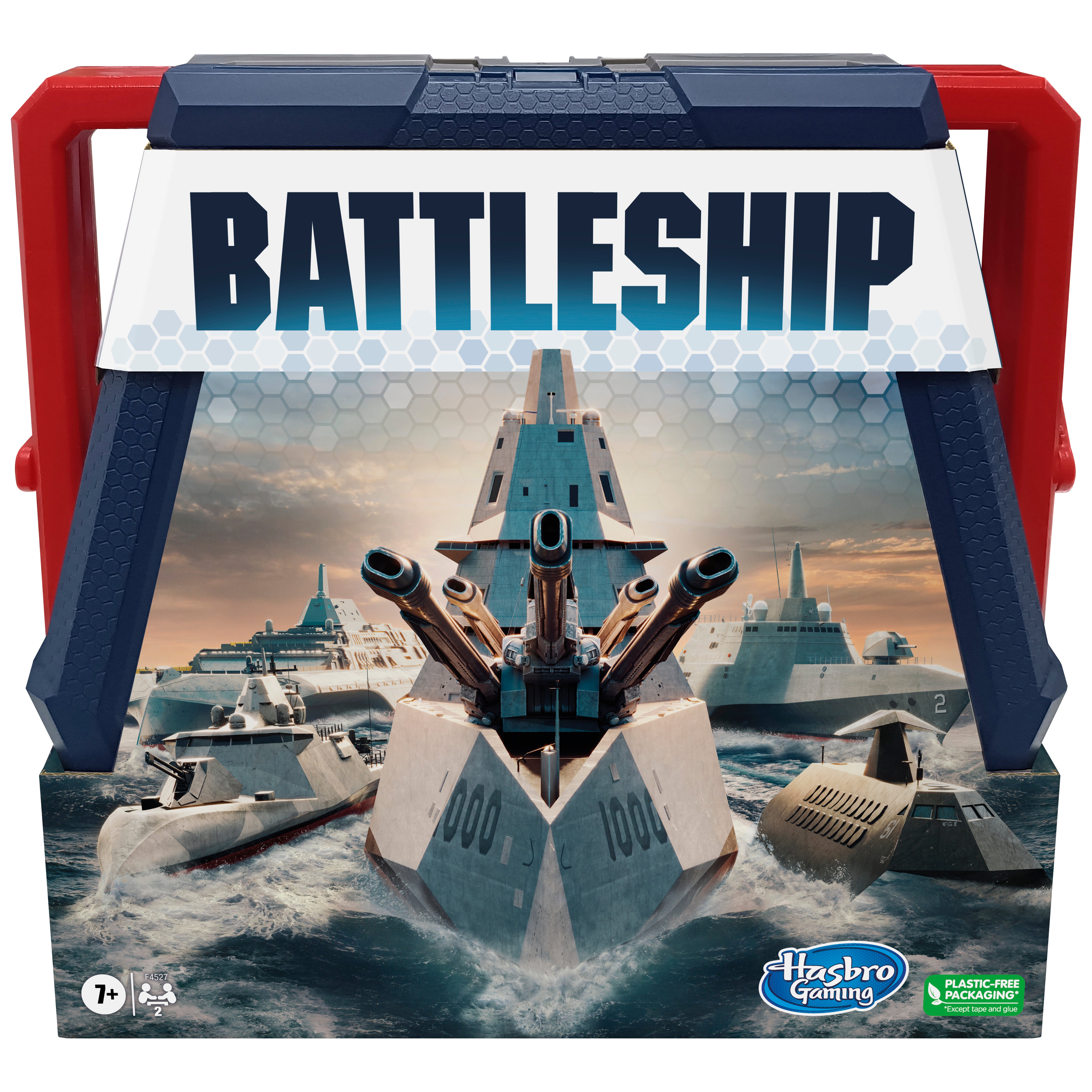 Battleship board game box featuring a graphic of a aircraft carrier with the name 'BATTLESHIP' written across the top. The box displays various naval ships and has 'Hasbro Gaming' logo at the bottom.