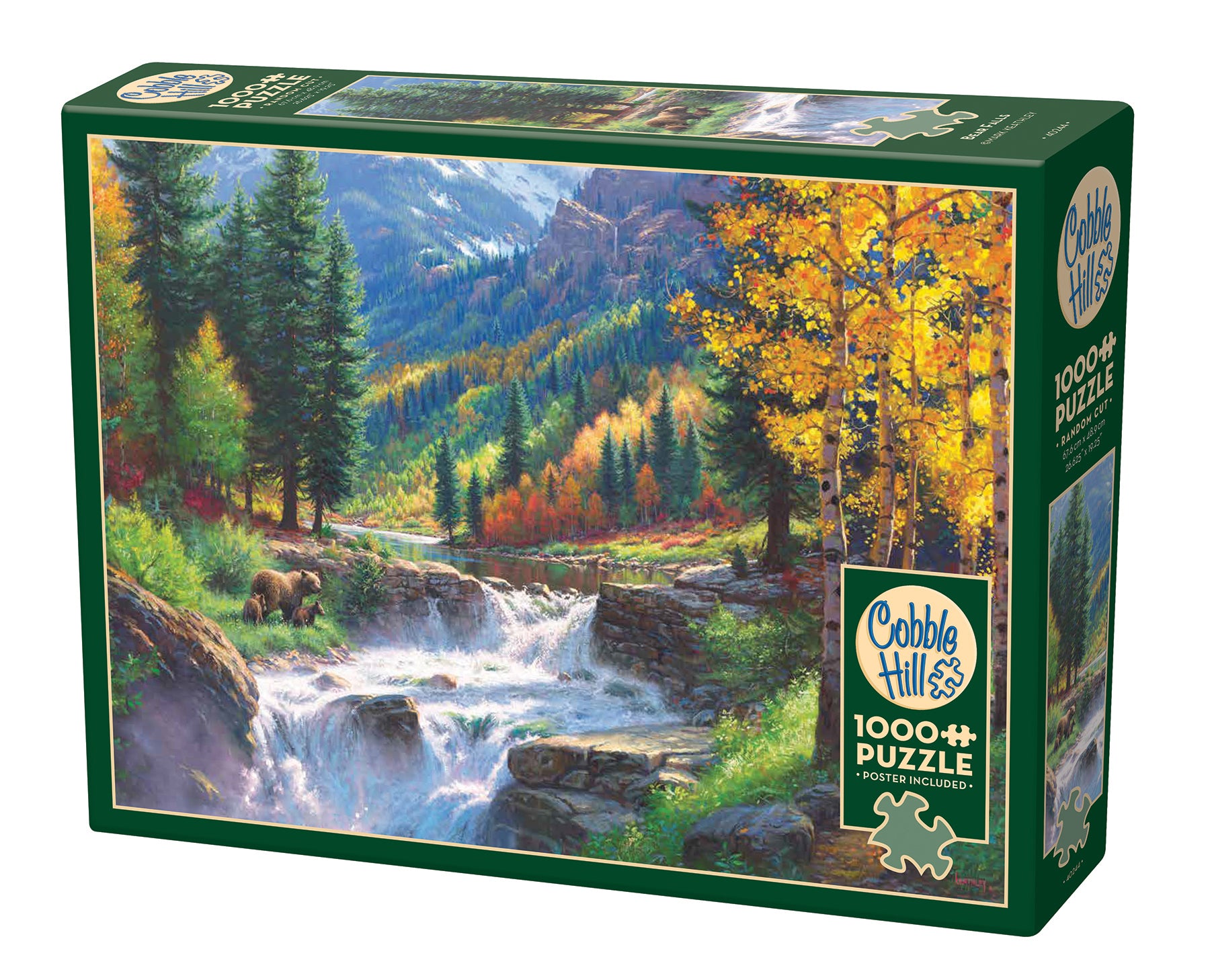 A 1000 piece jigsaw puzzle box featuring an image of a bear family near a mountain waterfall.