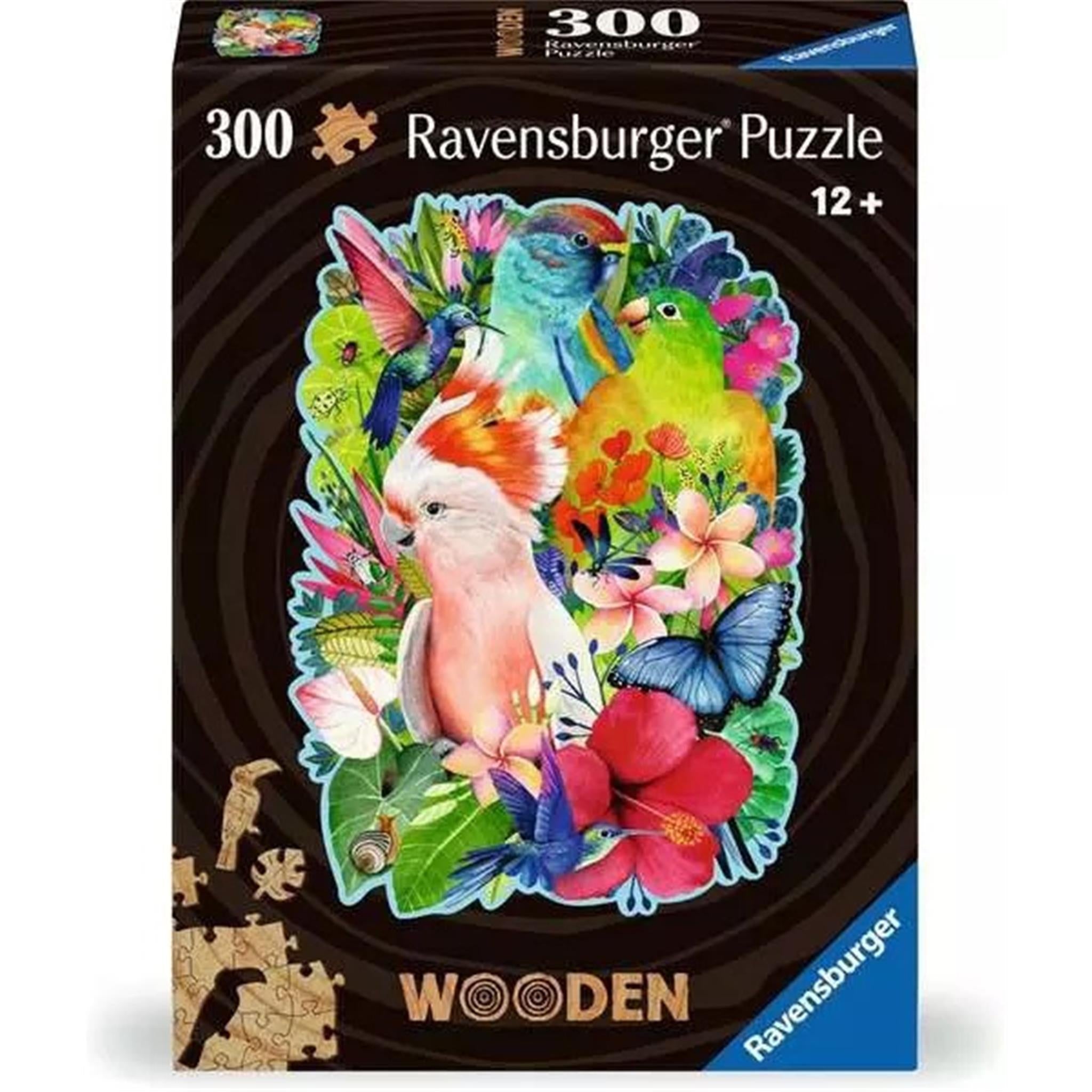 A 300 piece Ravensburger wooden puzzle box featuring a colorful illustration of birds and flowers.