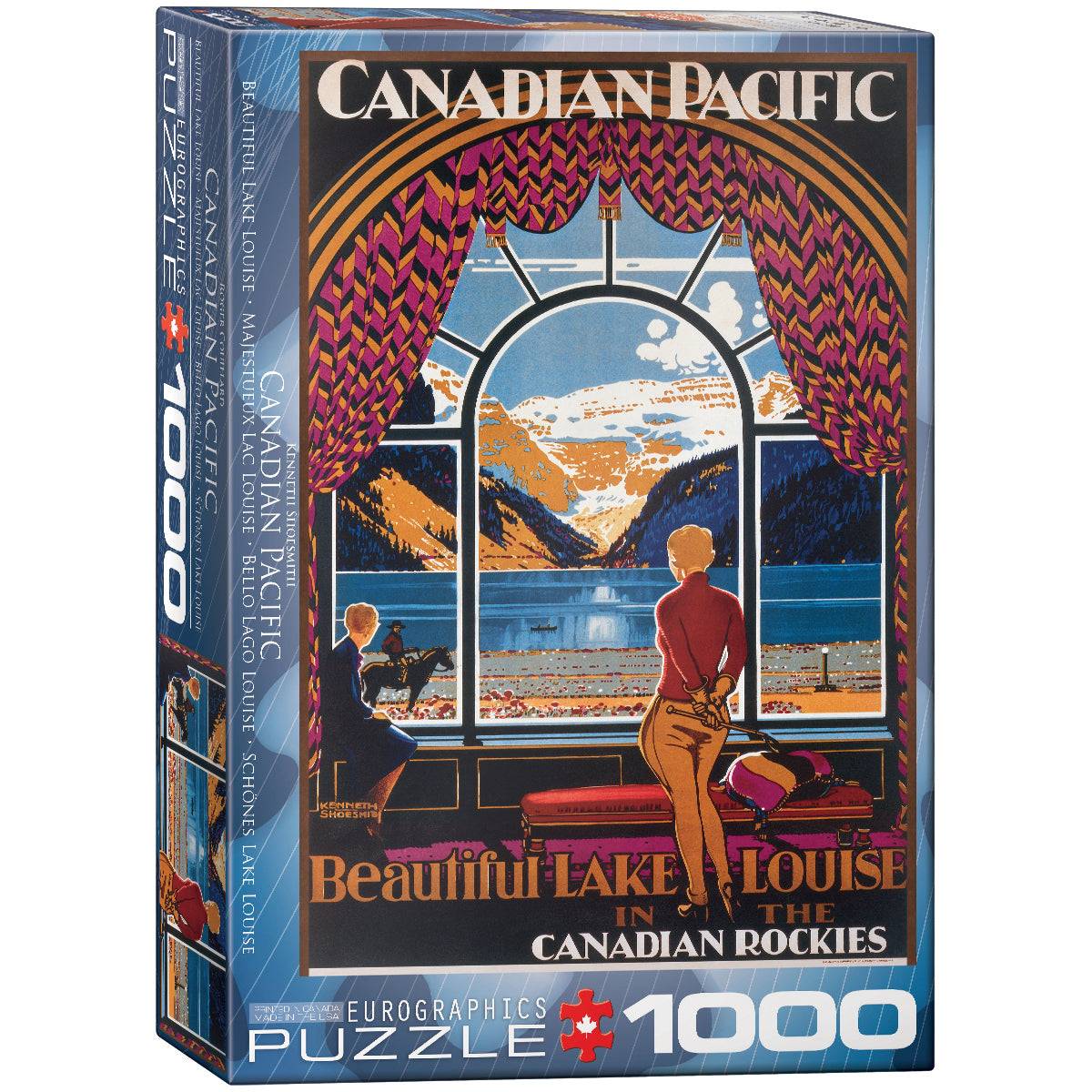 A 1000-piece jigsaw puzzle box featuring a vintage style illustration of Lake Louise and the Canadian Rockies with a person watching the view from a window.