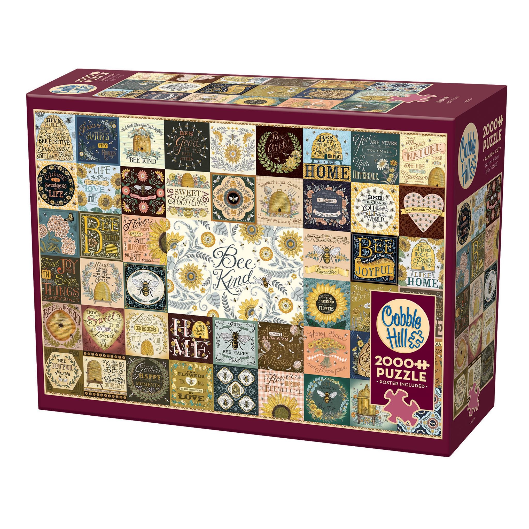 Puzzle image has quilt inspired pictures with Bee inspired saying and images to create this 2000 piece puzzle by Cobble Hill