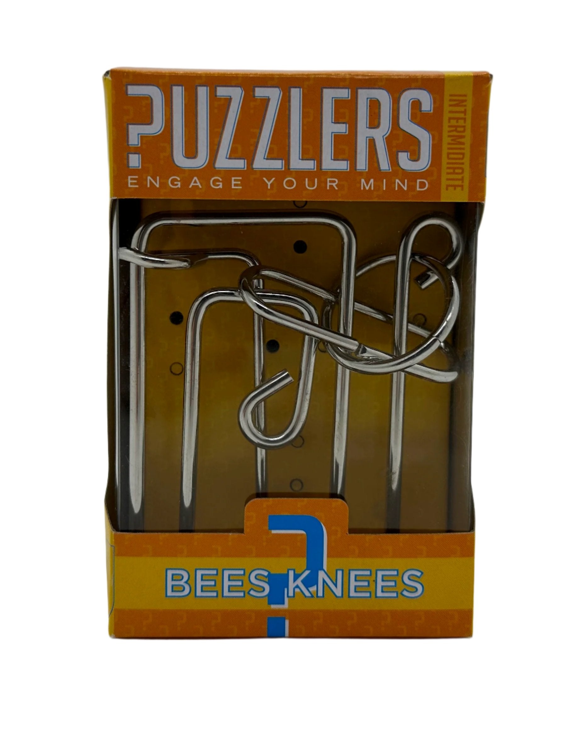 Packaging for Bees Knees intermediate metal puzzle by Puzzlers, with the product visible through a cut-out window, designed for engaging the mind with mechanical puzzle challenges.