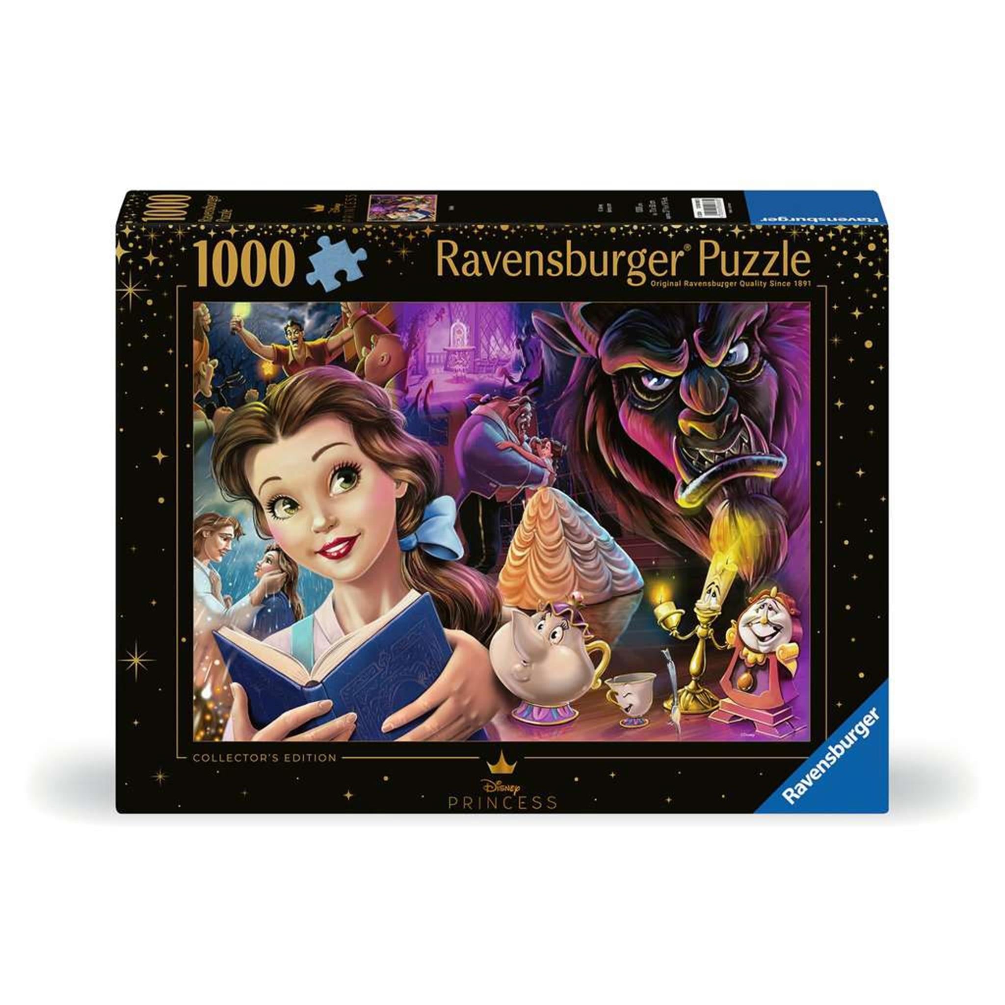 A 1000 piece Ravensburger puzzle box featuring characters from the Disney movie Beauty and the Beast, with Belle reading a book and other characters like the Beast, Mrs. Potts, Chip, Lumçire, and Cogsworth depicted in the background.