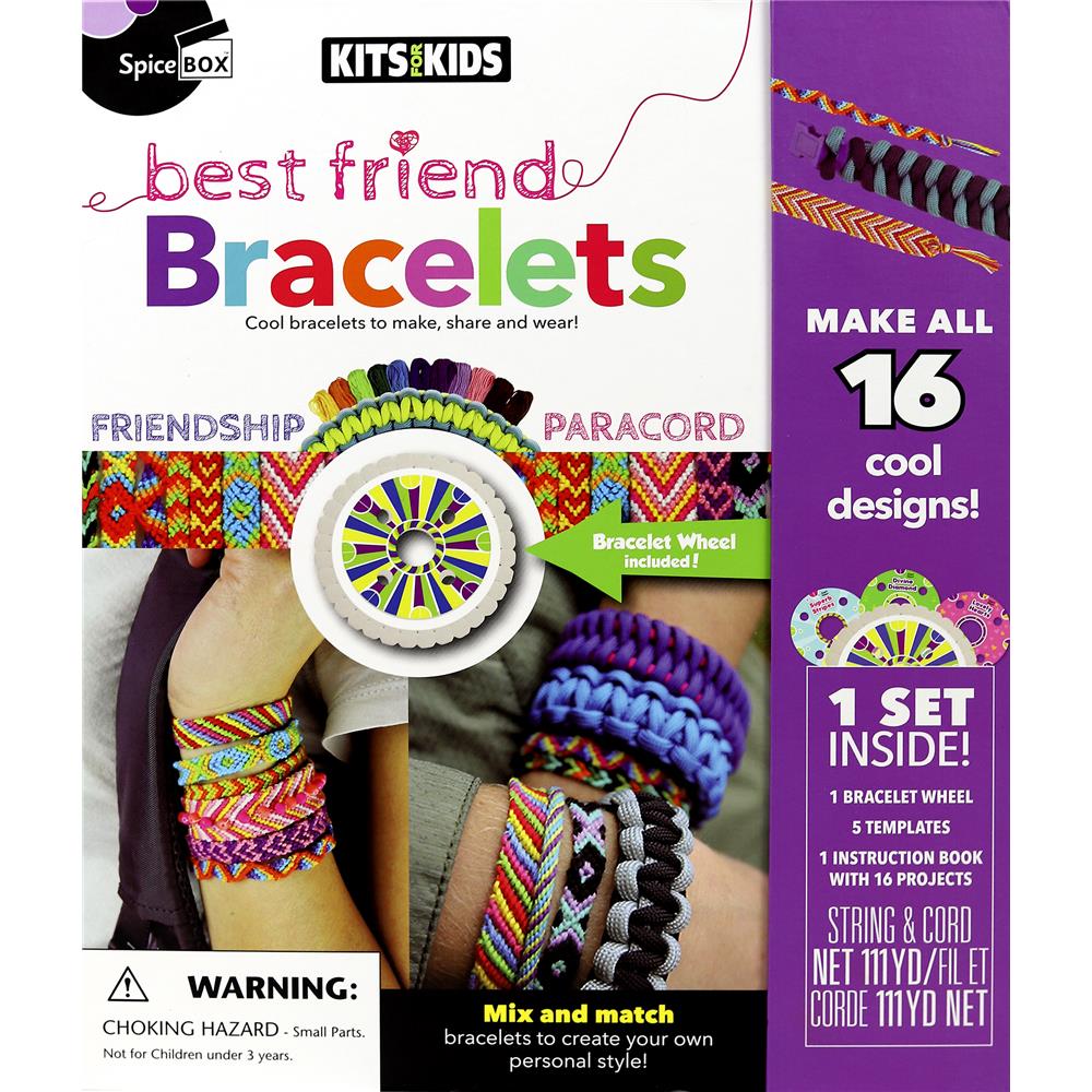 Packaging for 'Best Friend Bracelets' craft kit showing a bracelet-making wheel, finished bracelets on hands, and a book with instructions. The kit is marketed for children and includes colorful string and cord for crafting.