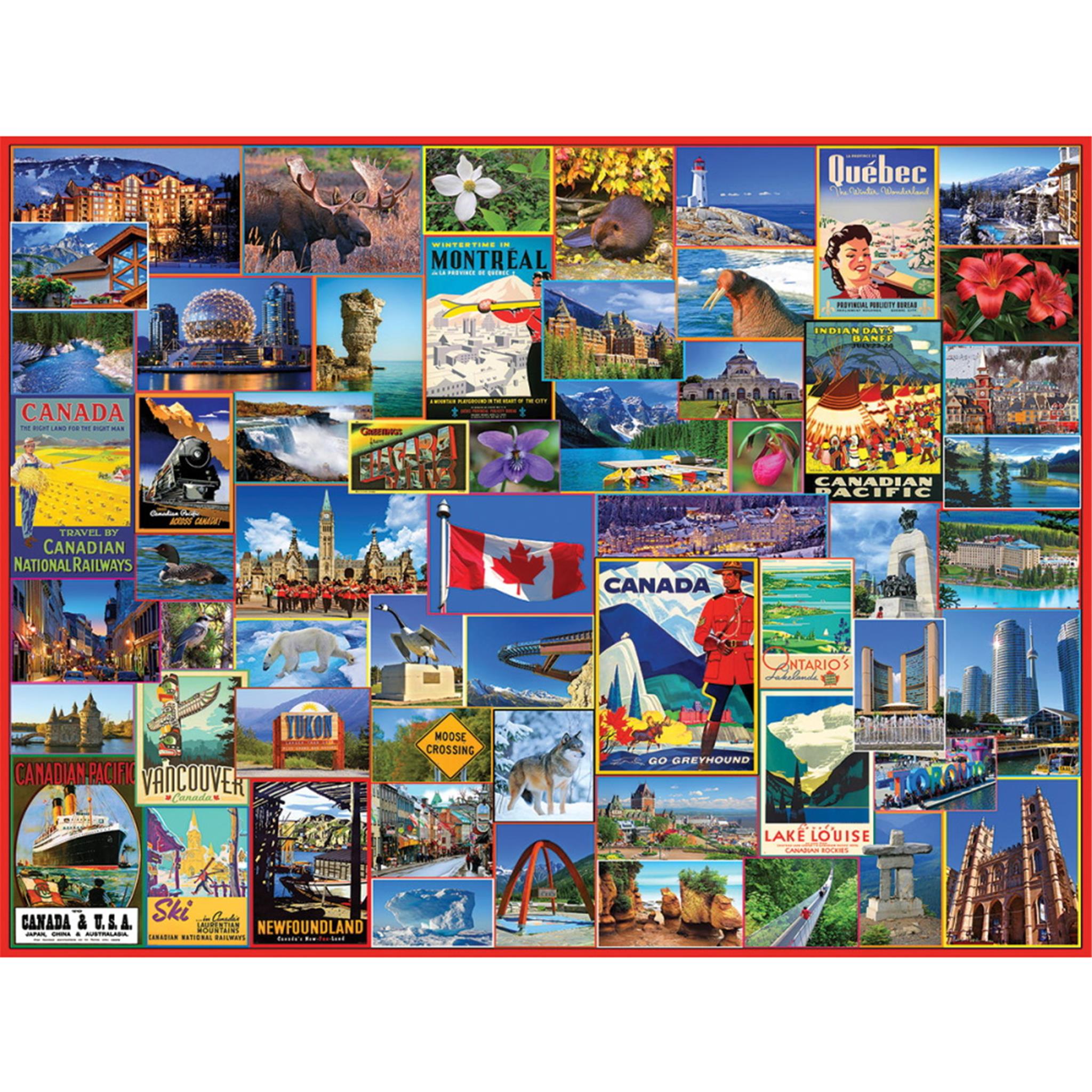 A collage of various famous places and landmarks in Canada, representing a 1000 piece puzzle.