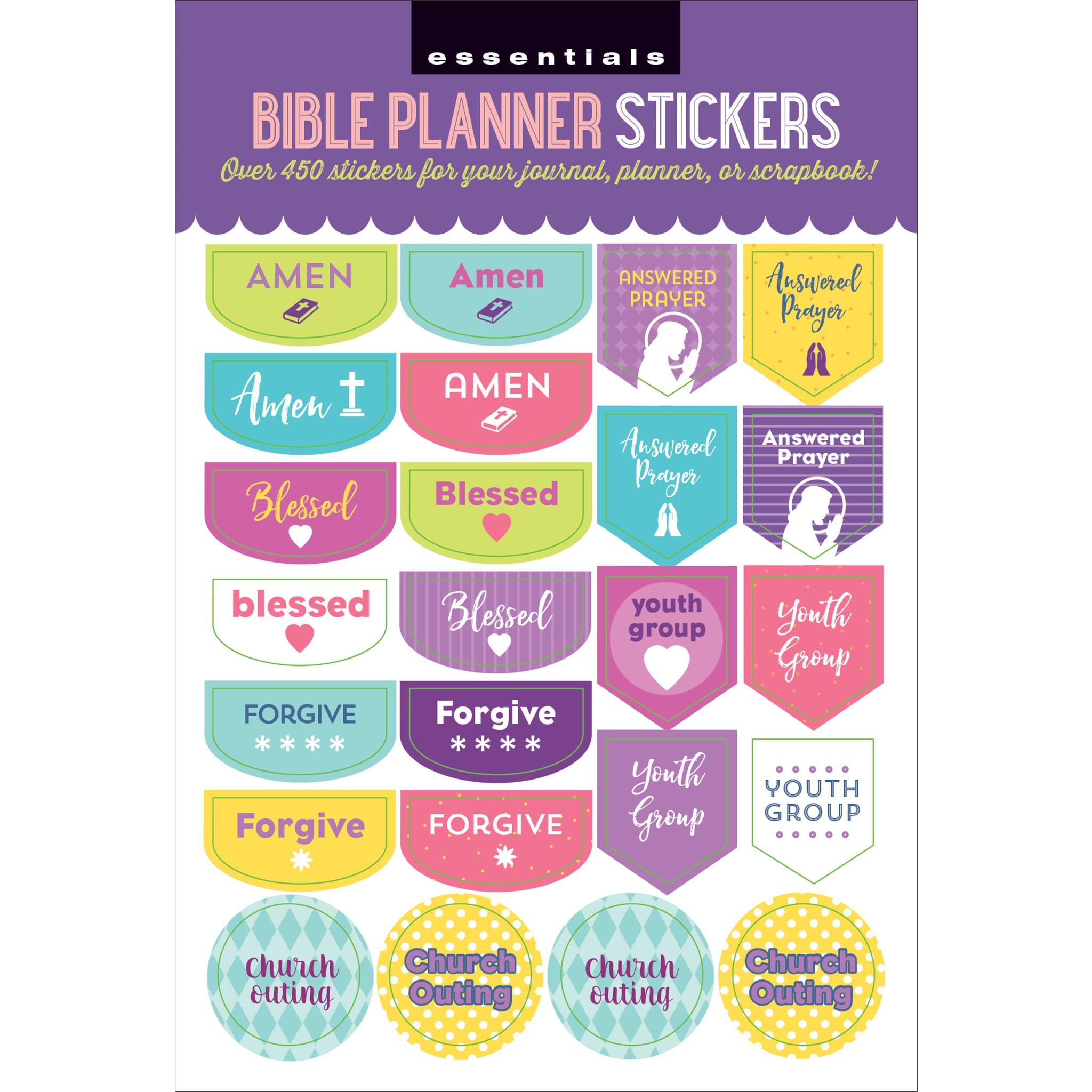 A variety of colorful planner stickers featuring religious themes such as 'Amen,' 'Blessed,' 'Forgive,' and 'Youth Group,' along with other designs for personalizing planners or journals.