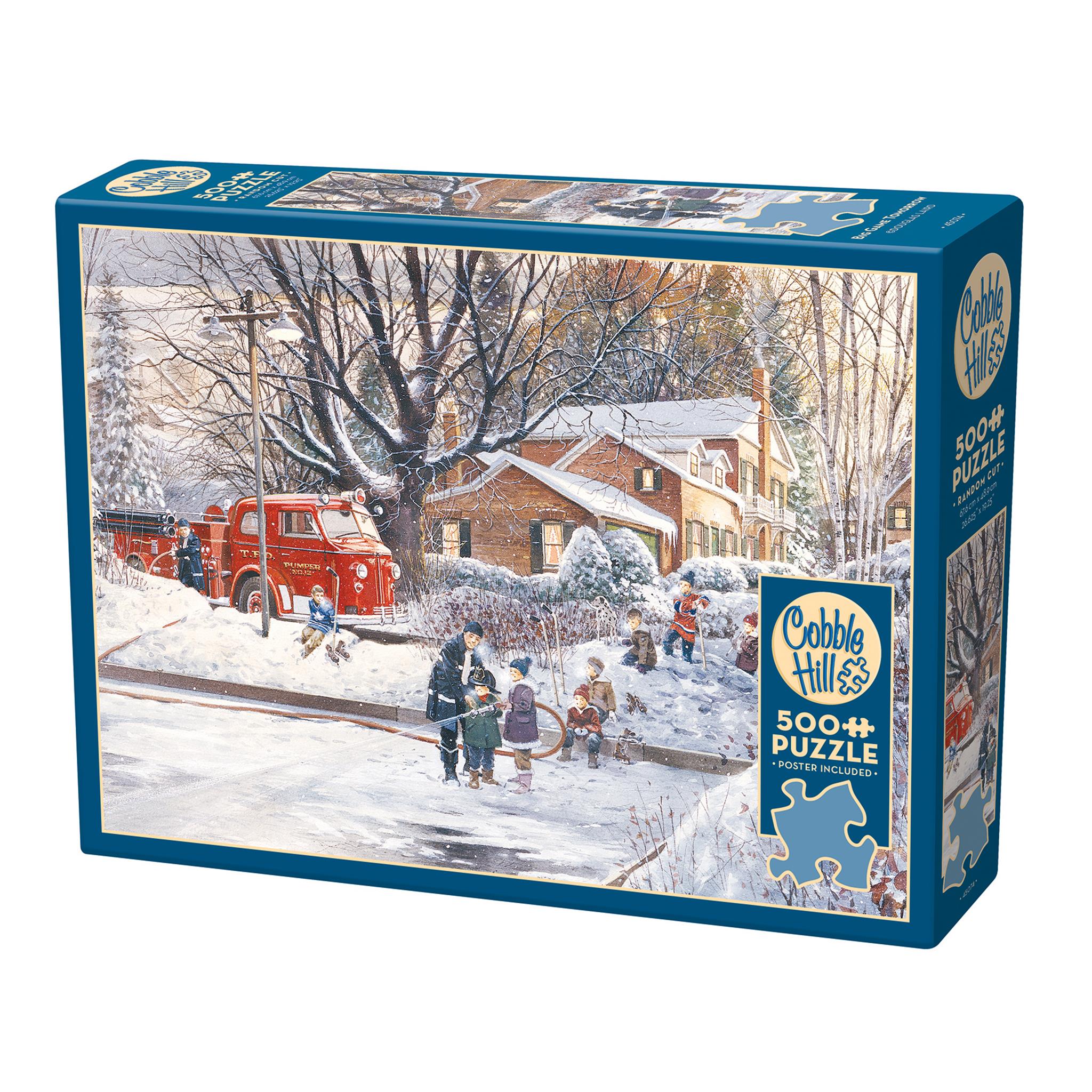 A 500 piece Cobble Hill jigsaw puzzle box featuring an illustration of children and a red fire truck in a wintery scene with a house and trees in the background.
