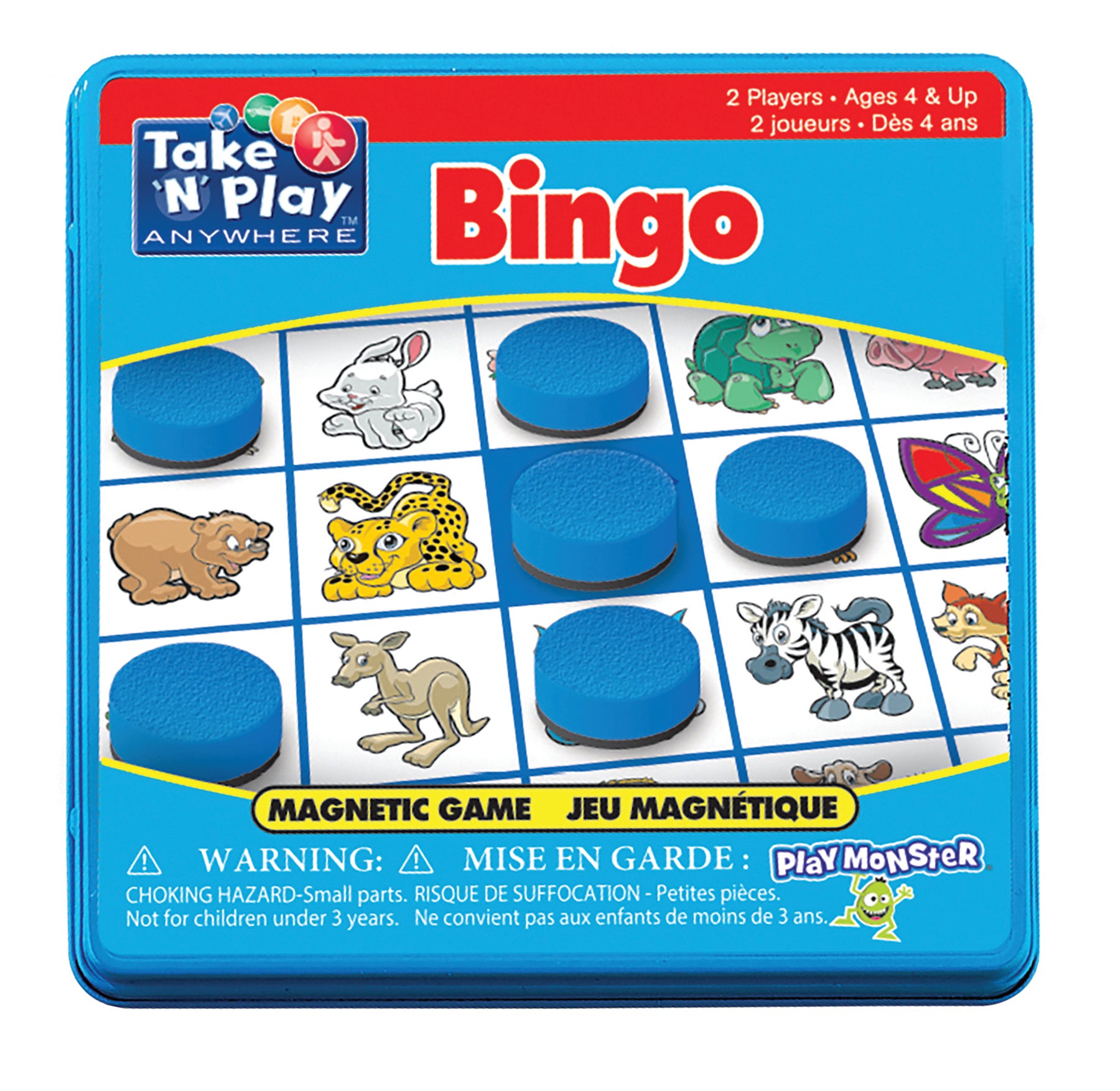 A magnetic travel bingo game tin with blue markers and various animals illustrated on the cover, including a bear, penguin, and fish.