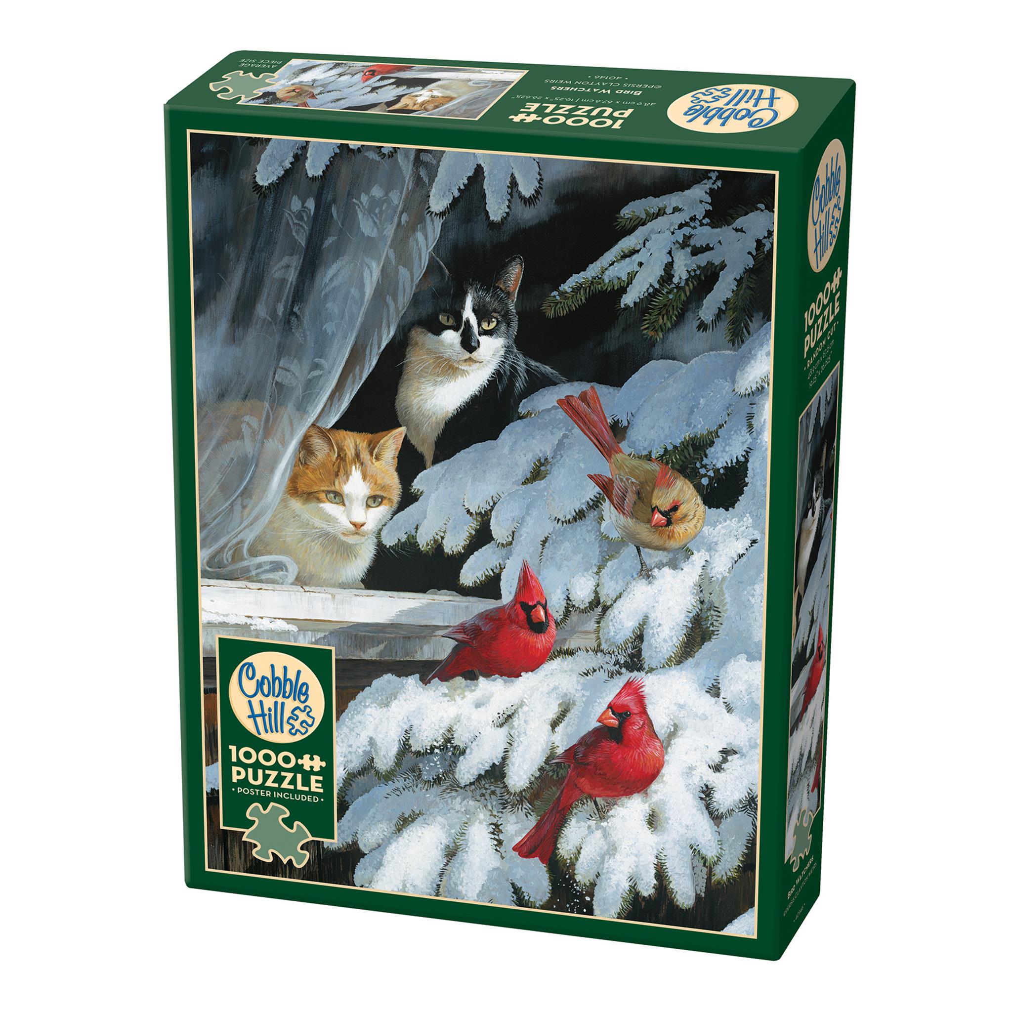 A 1000 piece Cobble Hill jigsaw puzzle box featuring an illustrated scene with cats and cardinals in a snowy setting.